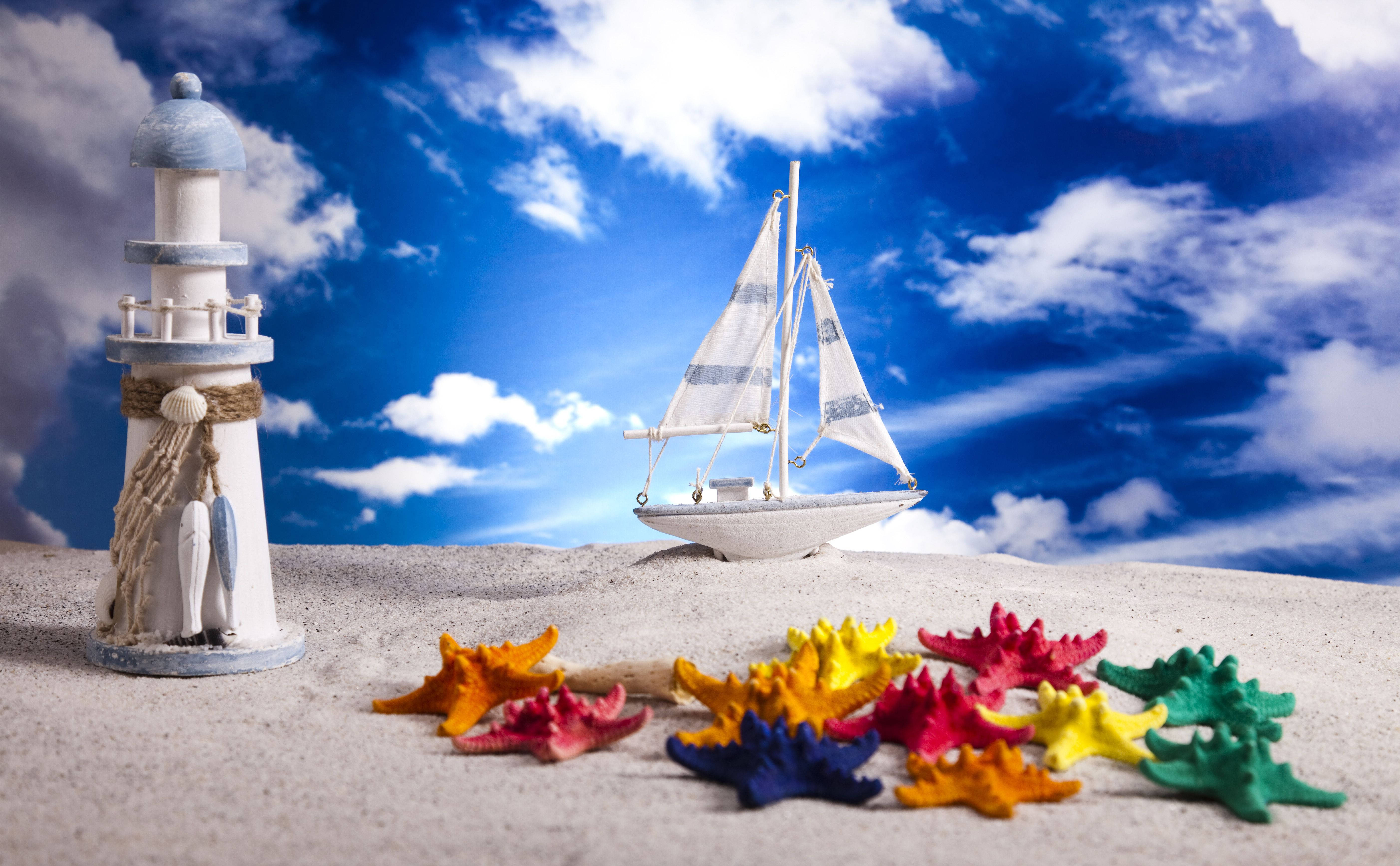lighthouse statuette, sailboat, sandy beach, 5K Desktop Wallpaper