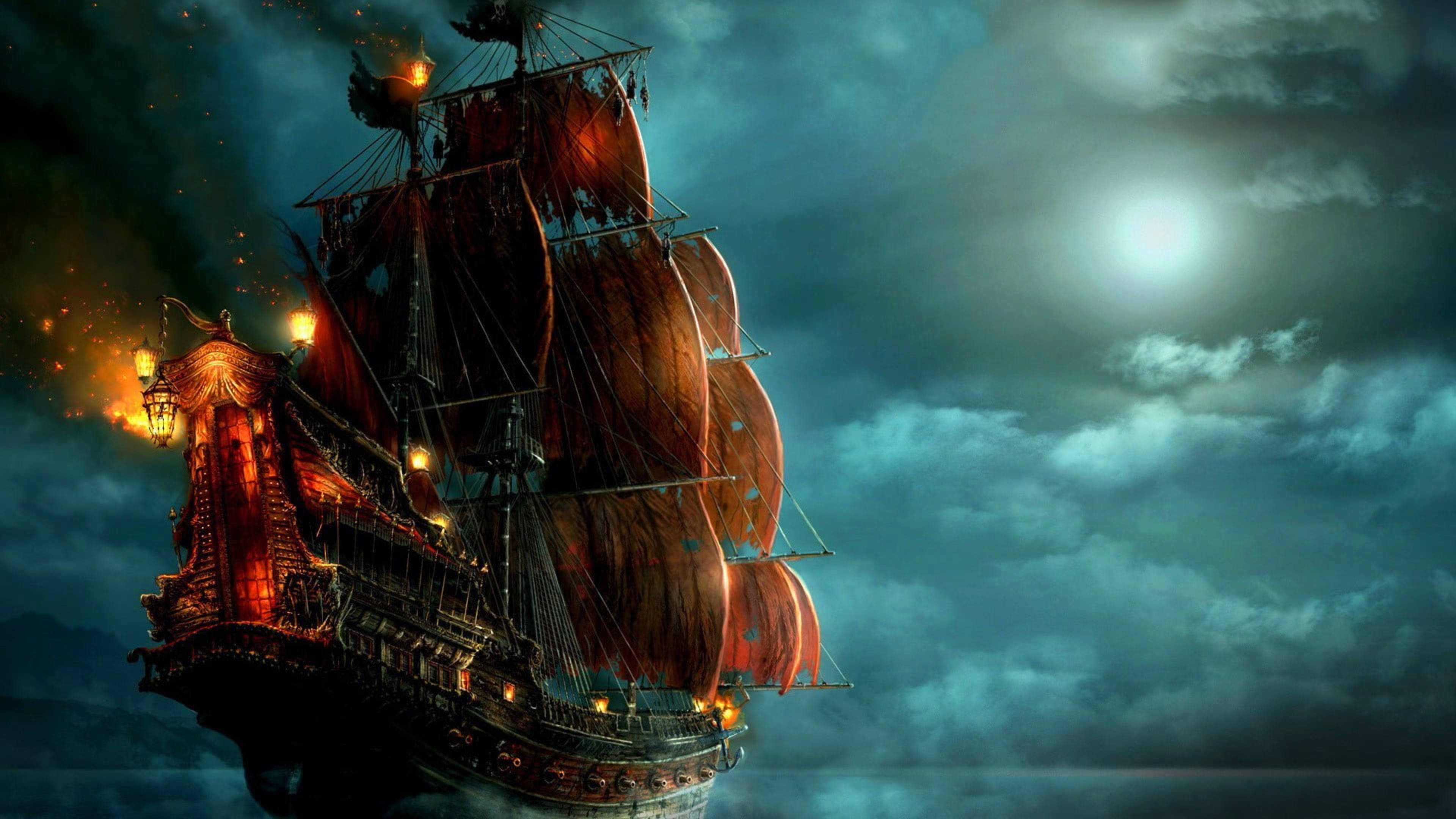 fantasy sailing ship, pirate ship, glowing lanterns, 4K Desktop Wallpaper