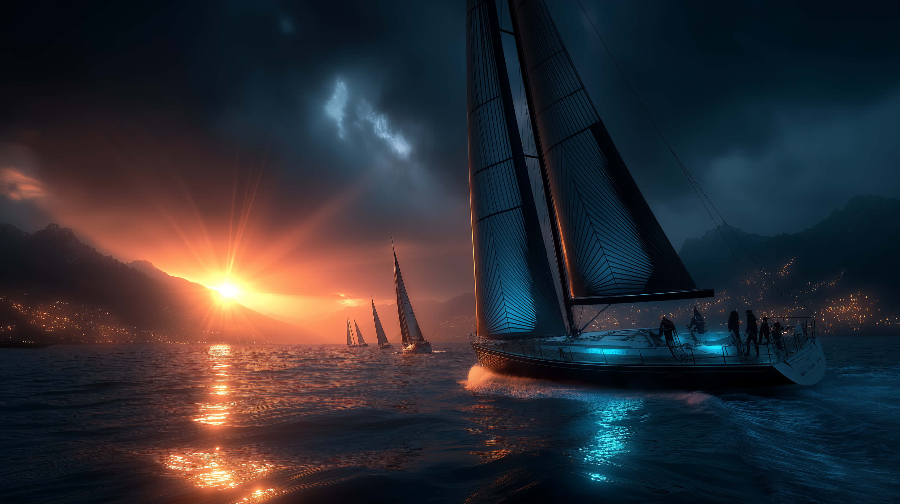 sailboats, choppy waters, sunset, 2K Desktop Wallpaper