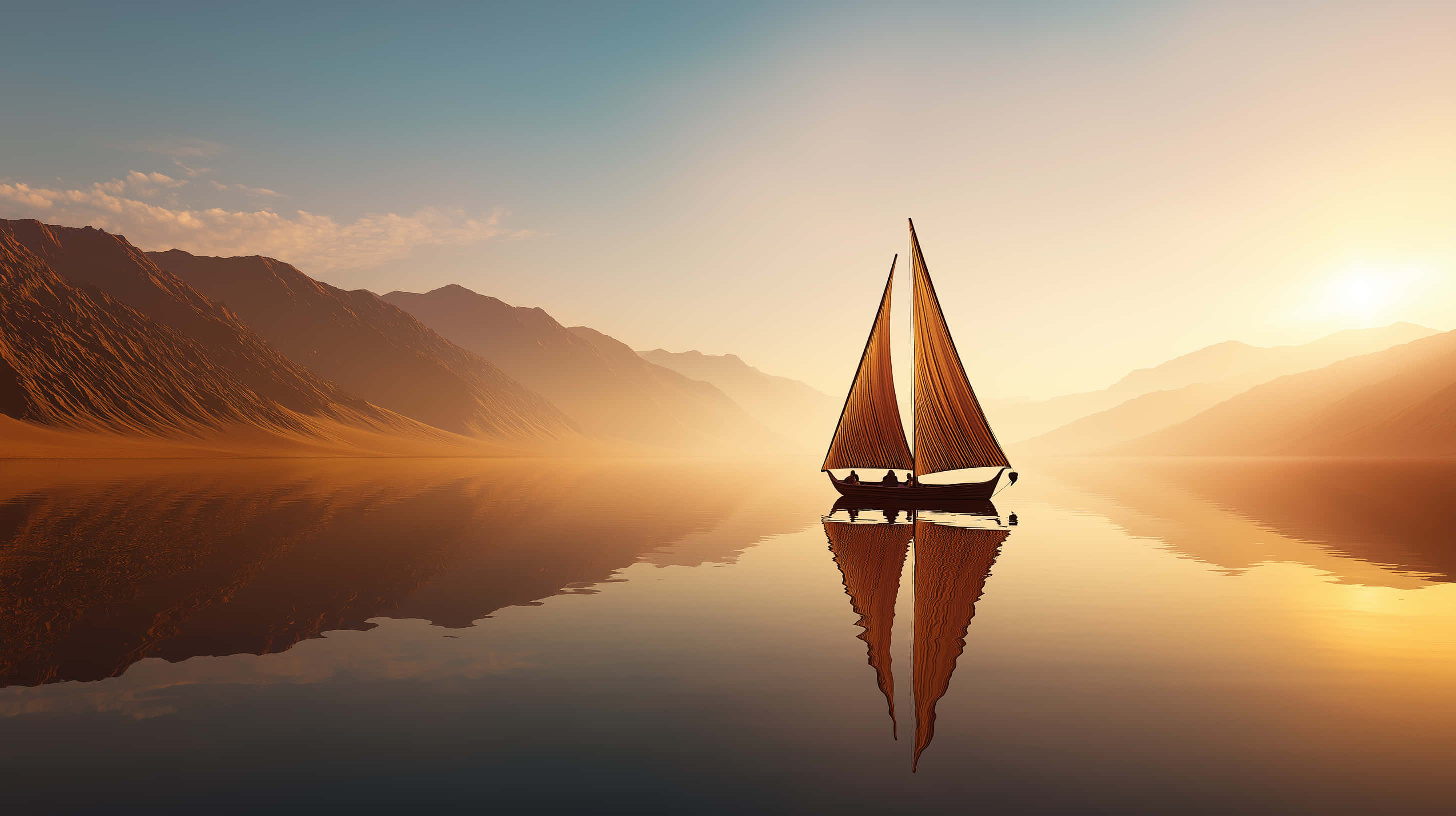 sailboat, golden hour, calm mountain lake, 2K Desktop Wallpaper