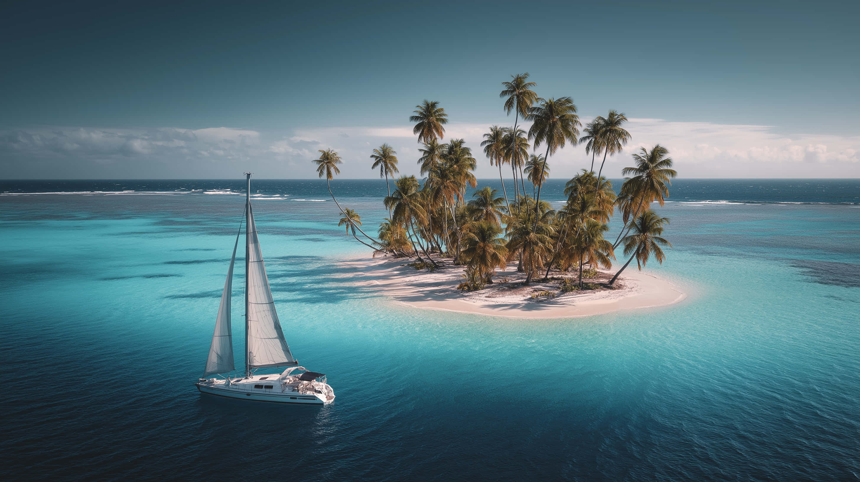 white sailboat, turquoise waters, secluded tropical island, 2K Desktop Wallpaper