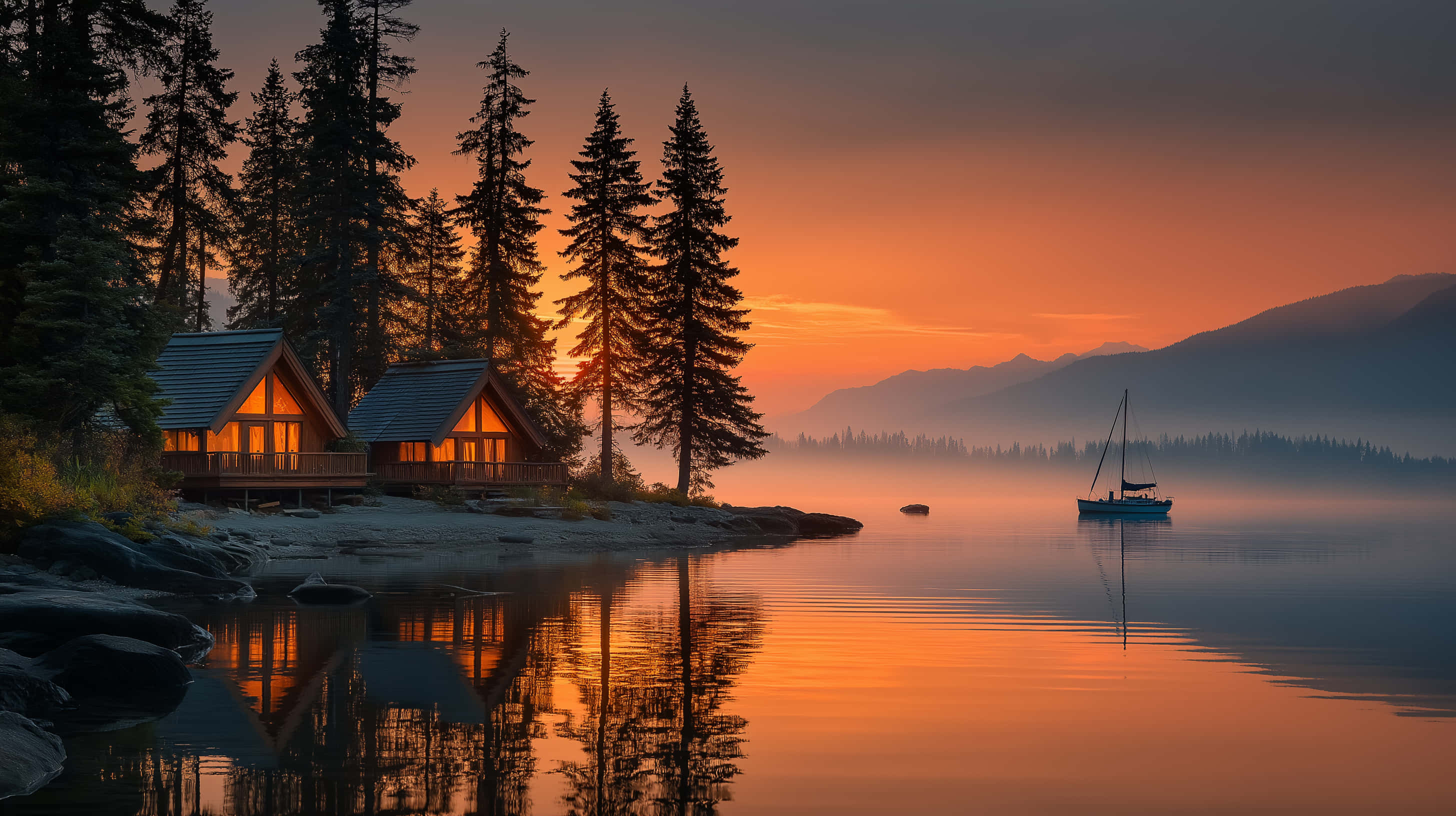 cozy lakeside cabins, sunrise, sailboat, 2K Desktop Wallpaper