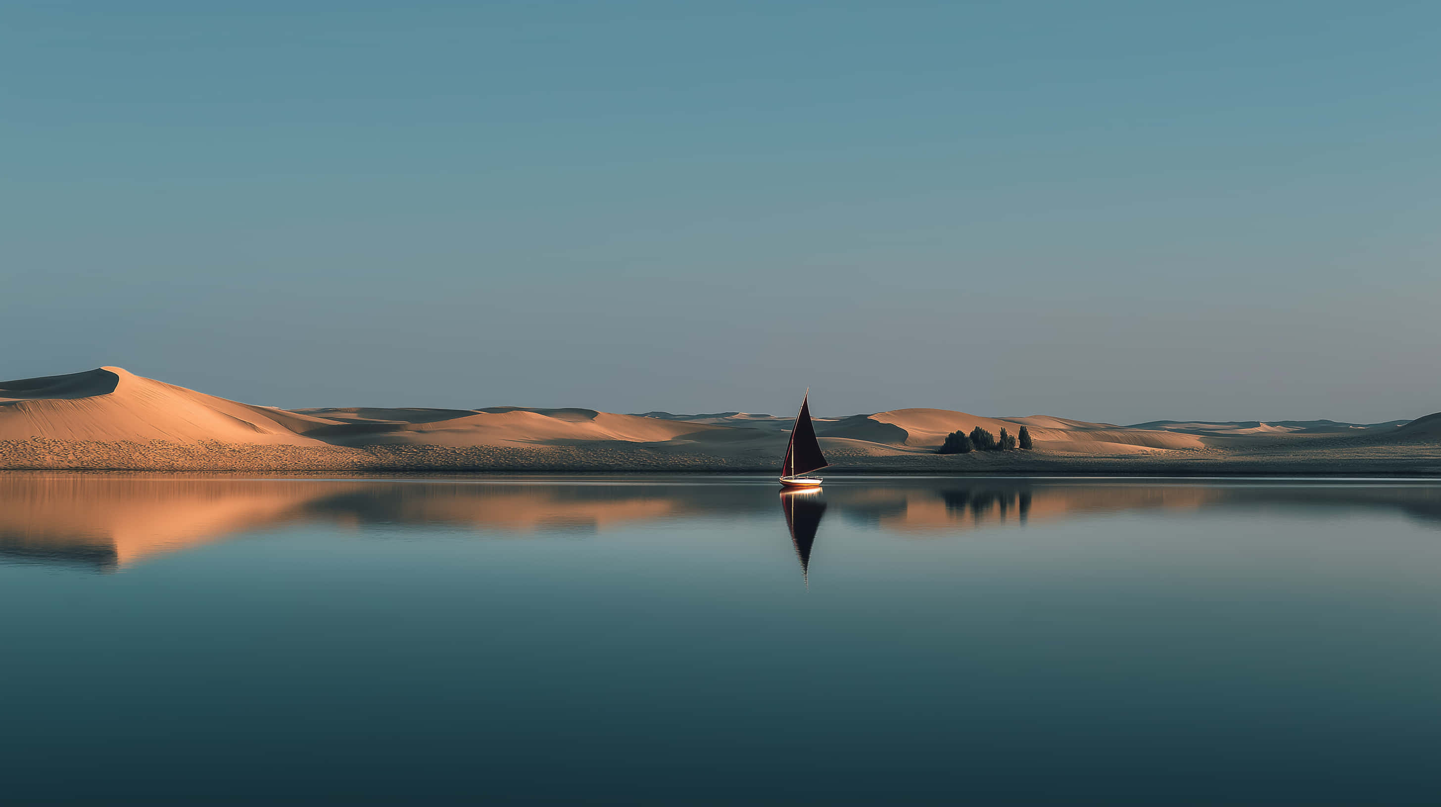 sailboat, vast calm water, distant desert landscape, 2K Desktop Wallpaper