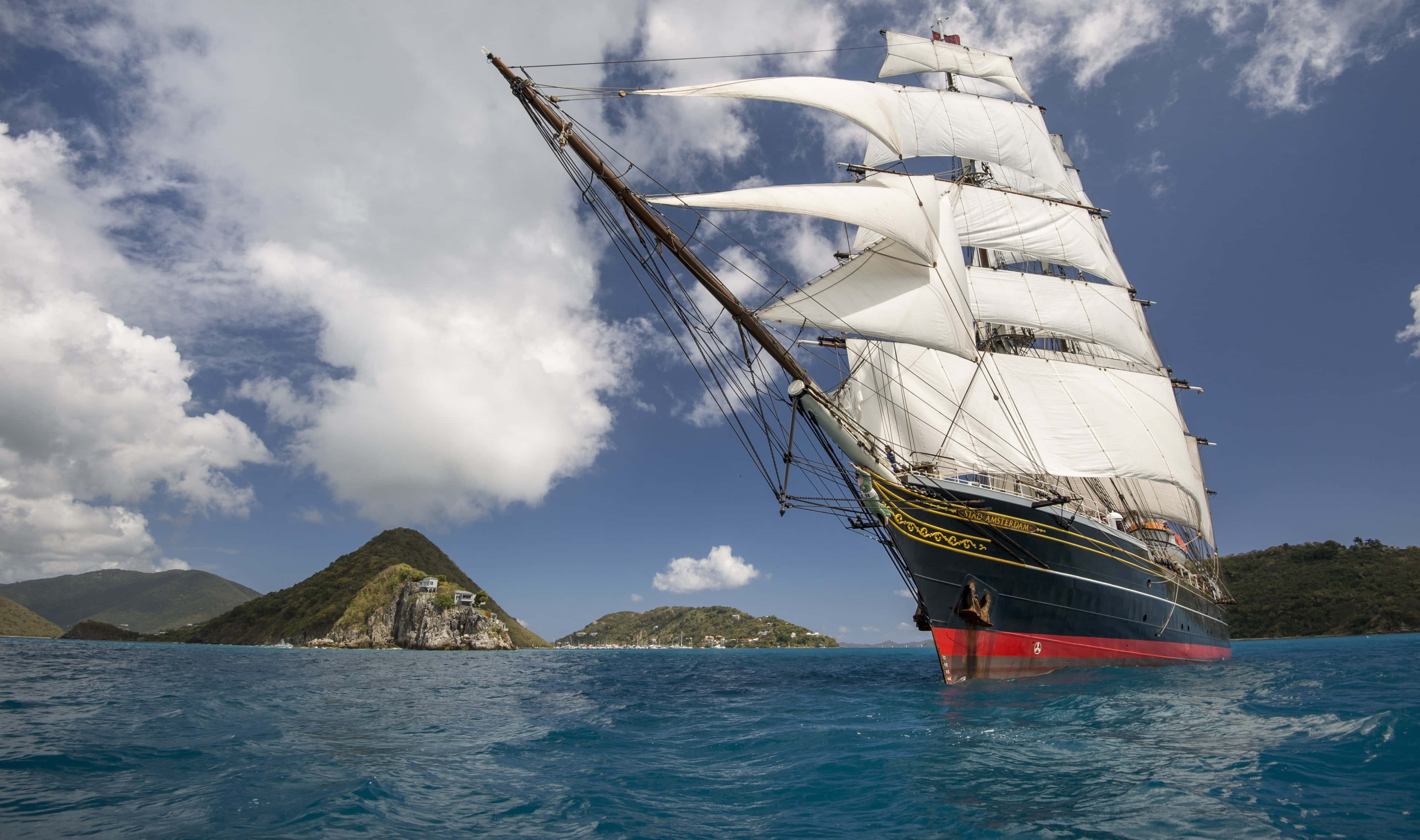 tall ship, white sails, turquoise waters, 4K Desktop Wallpaper