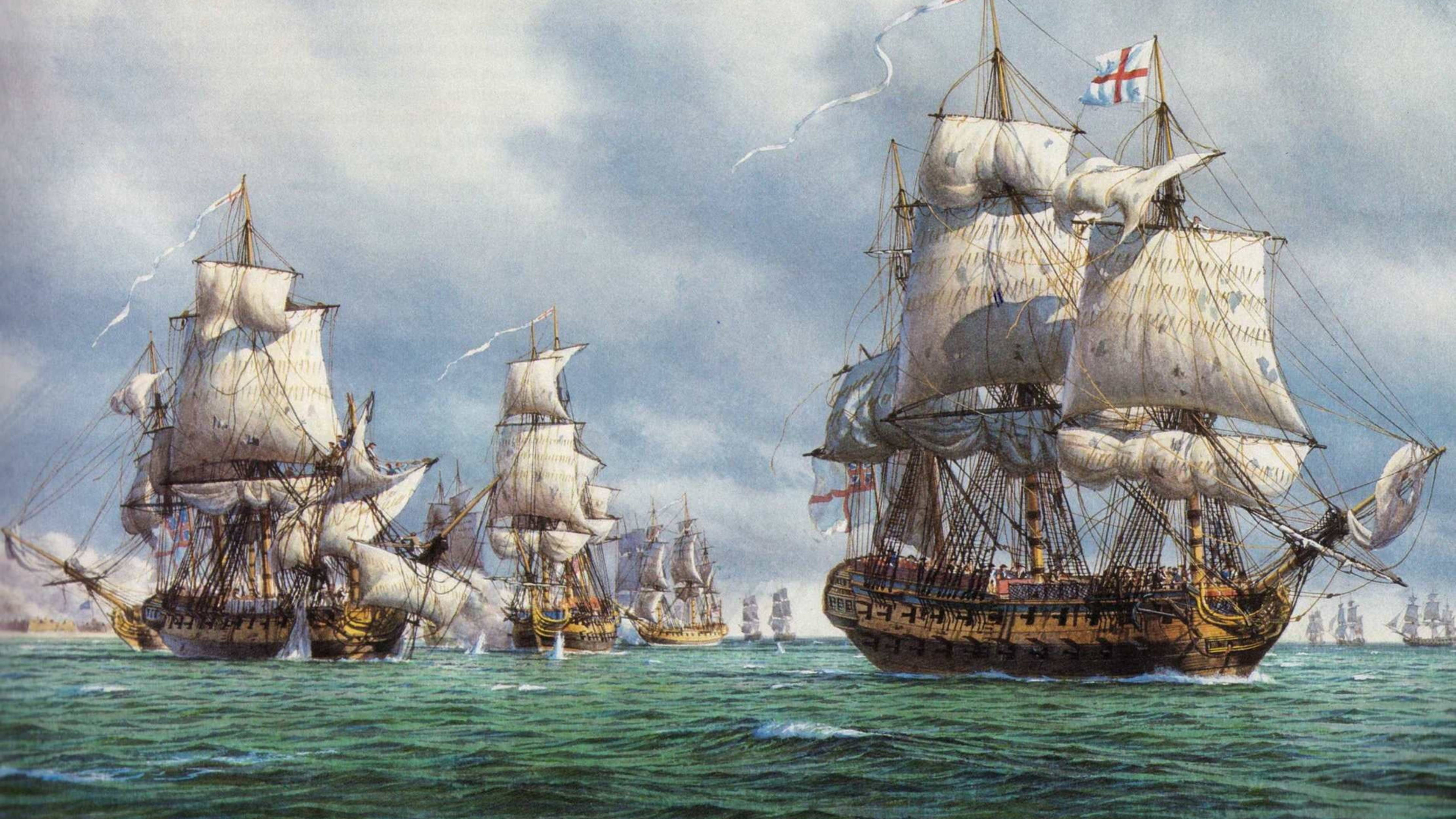 galleon sailing ships, billowing white sails, choppy green waters, 4K Desktop Wallpaper