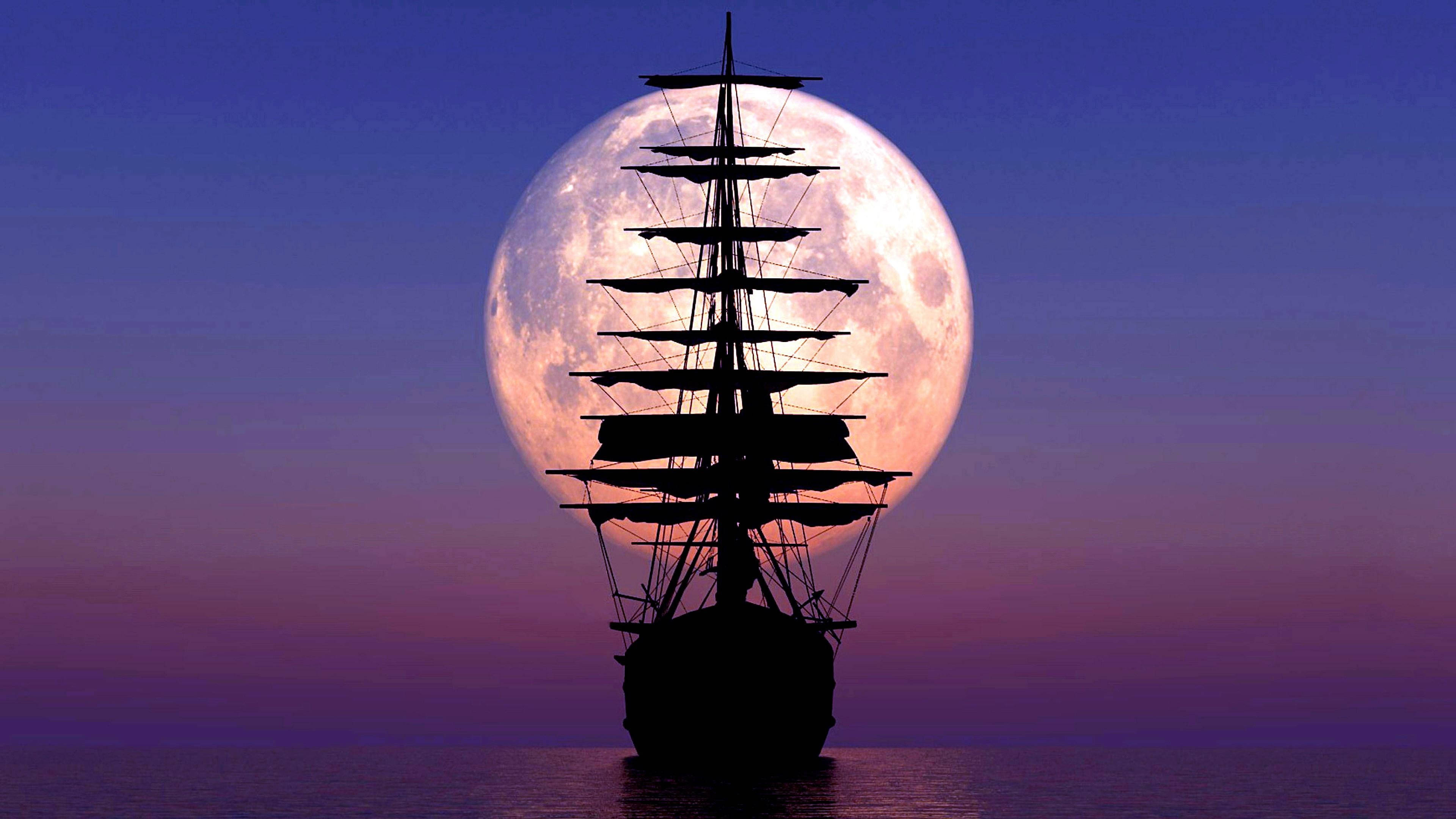sailing ship, silhouette, glowing full moon, 4K Desktop Wallpaper