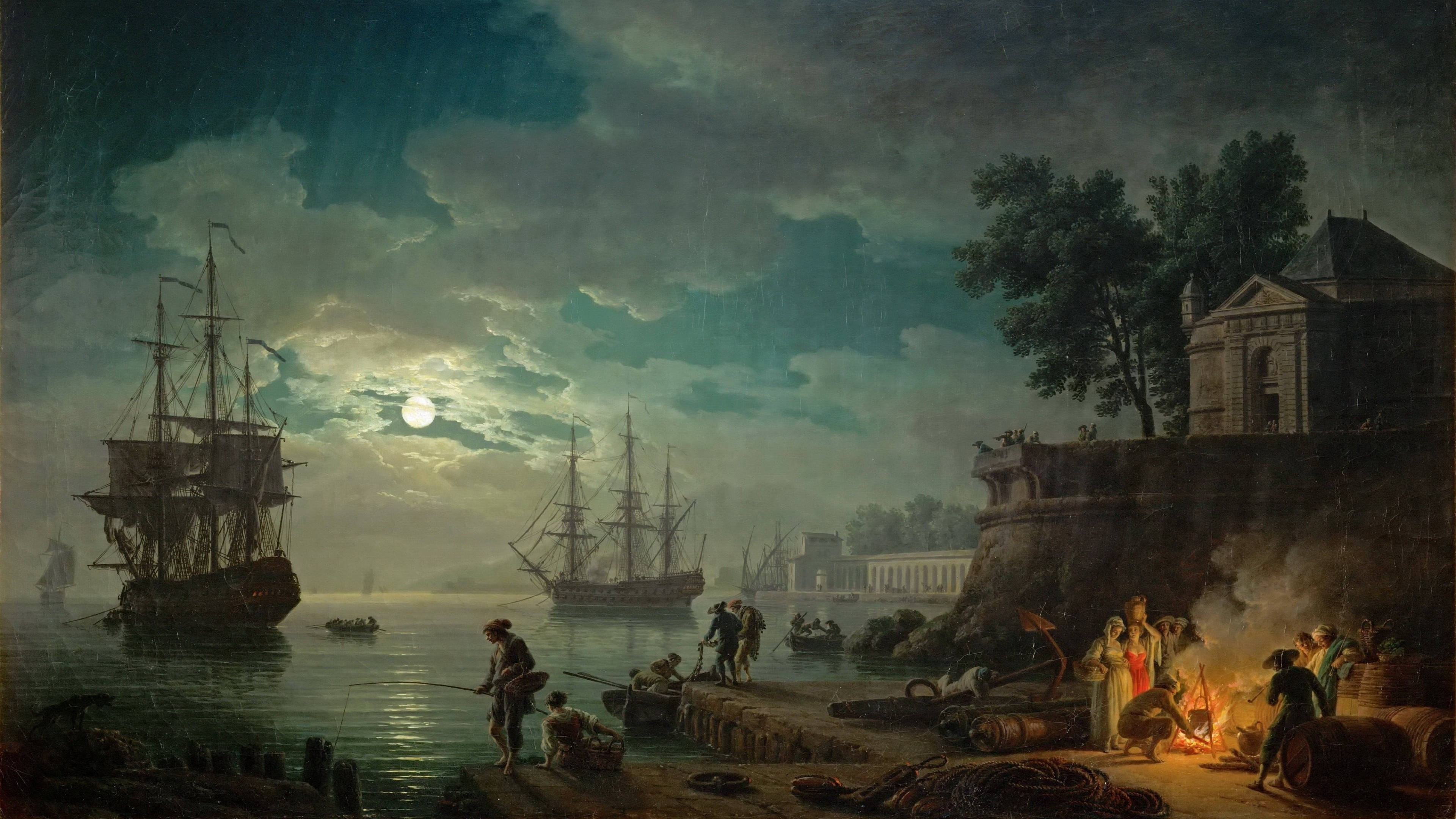sailing ship, moonlit harbor, dramatic clouds, 4K Desktop Wallpaper