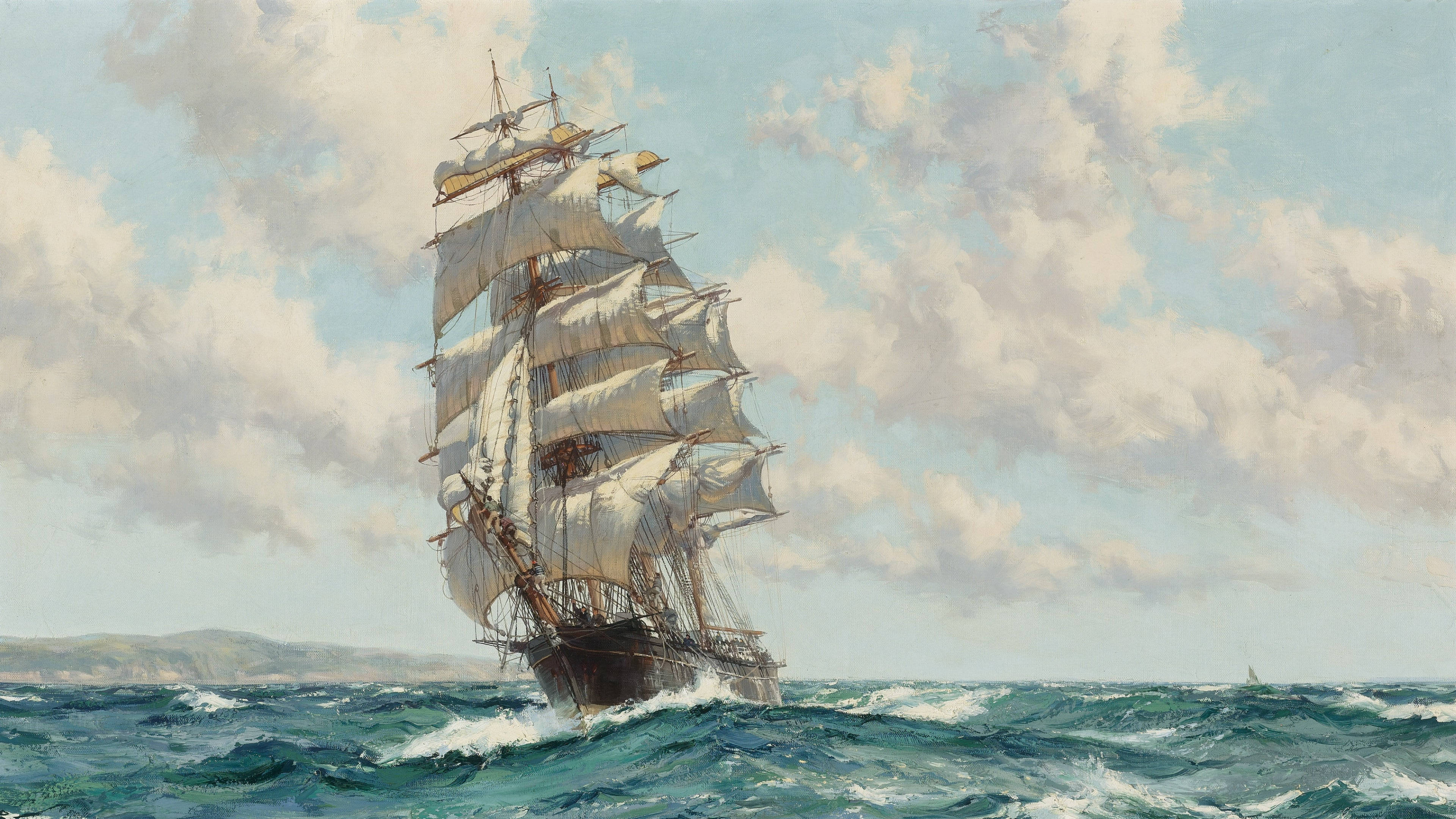 sailing ship, frigate, white sails, 4K Desktop Wallpaper