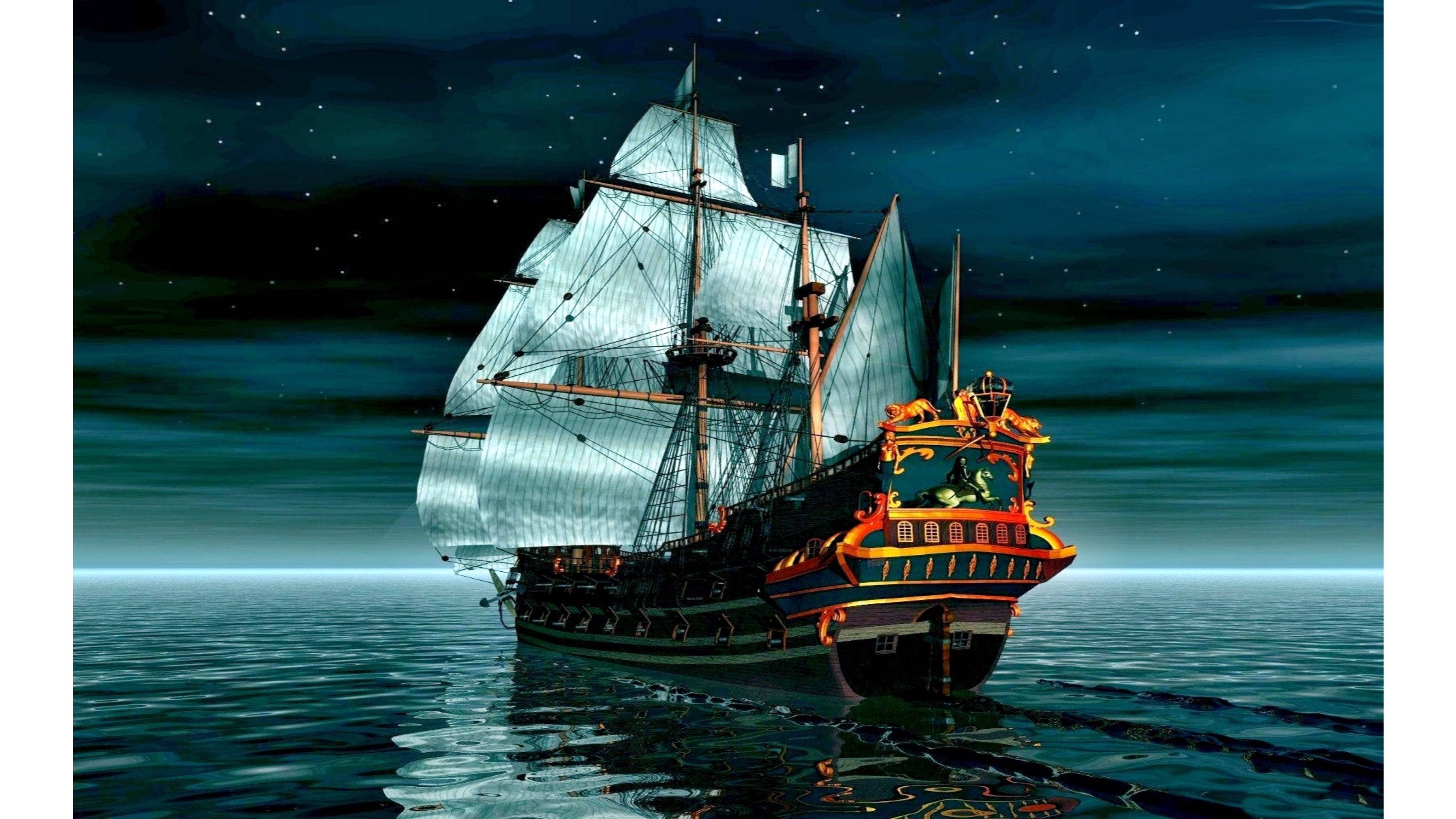 vintage sailing ship, pirate ship, starry night sky, 4K Desktop Wallpaper
