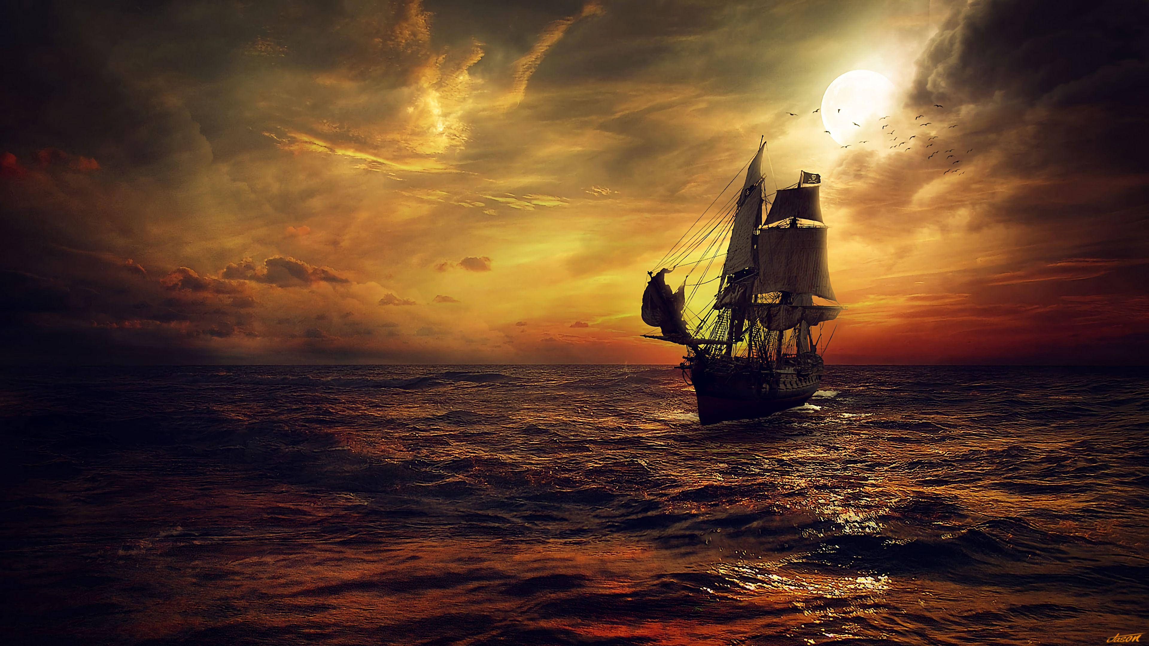 sailing ship, sunset, turbulent ocean waters, 4K Desktop Wallpaper