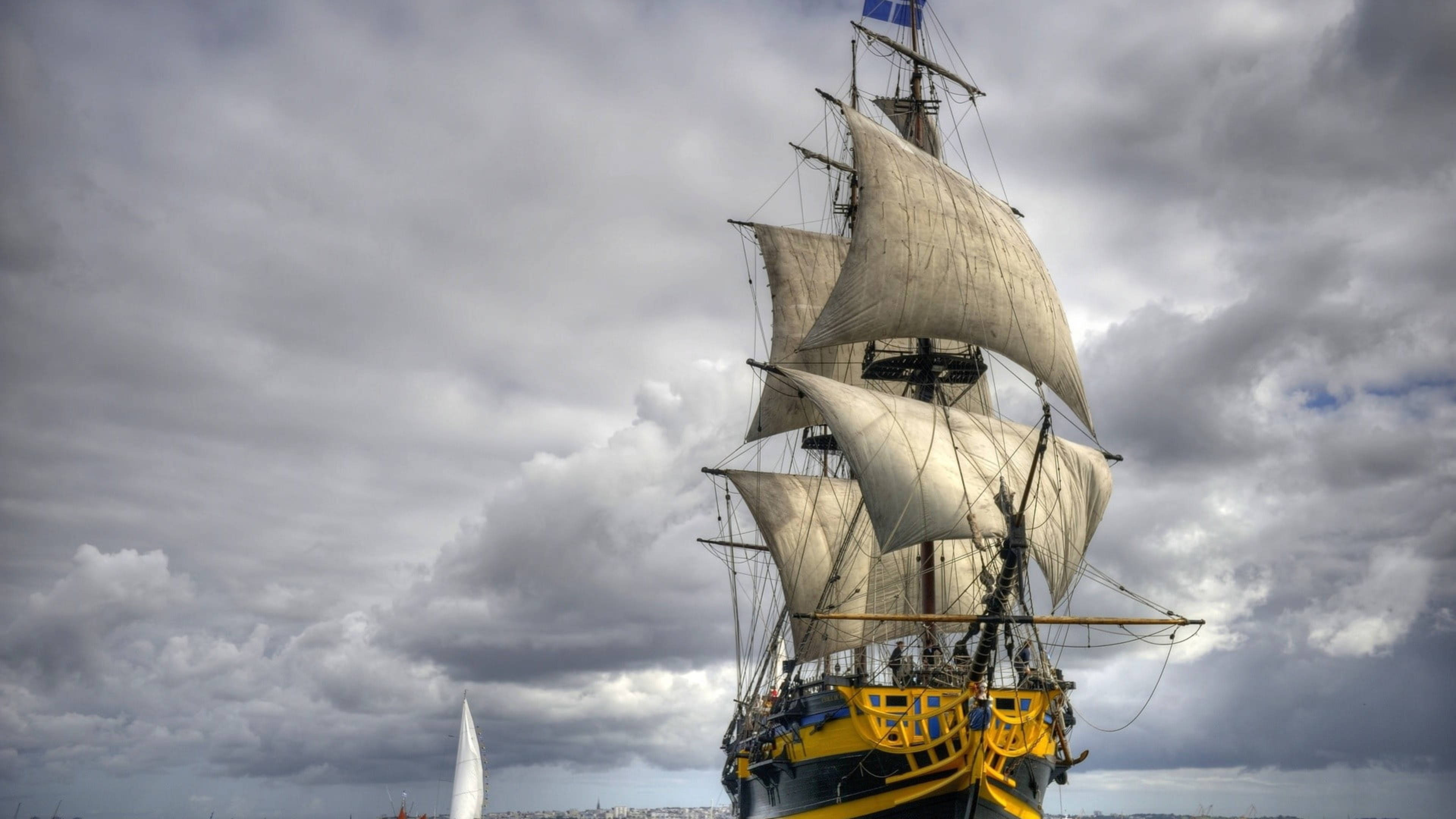 black and yellow sailing ship, tall ship, white sails, 4K Desktop Wallpaper