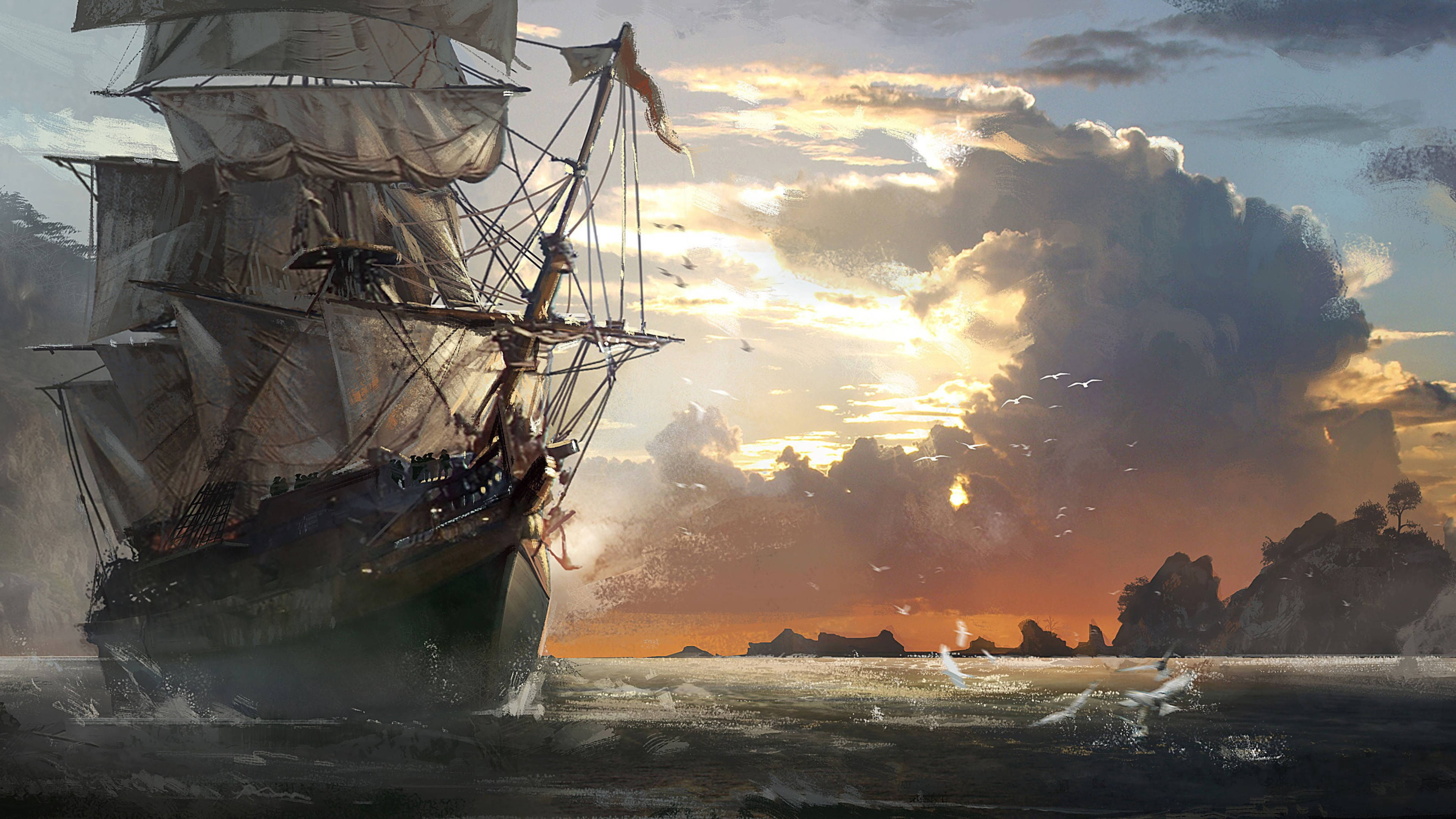 massive sailing ship, sea, sunset, 4K Desktop Wallpaper