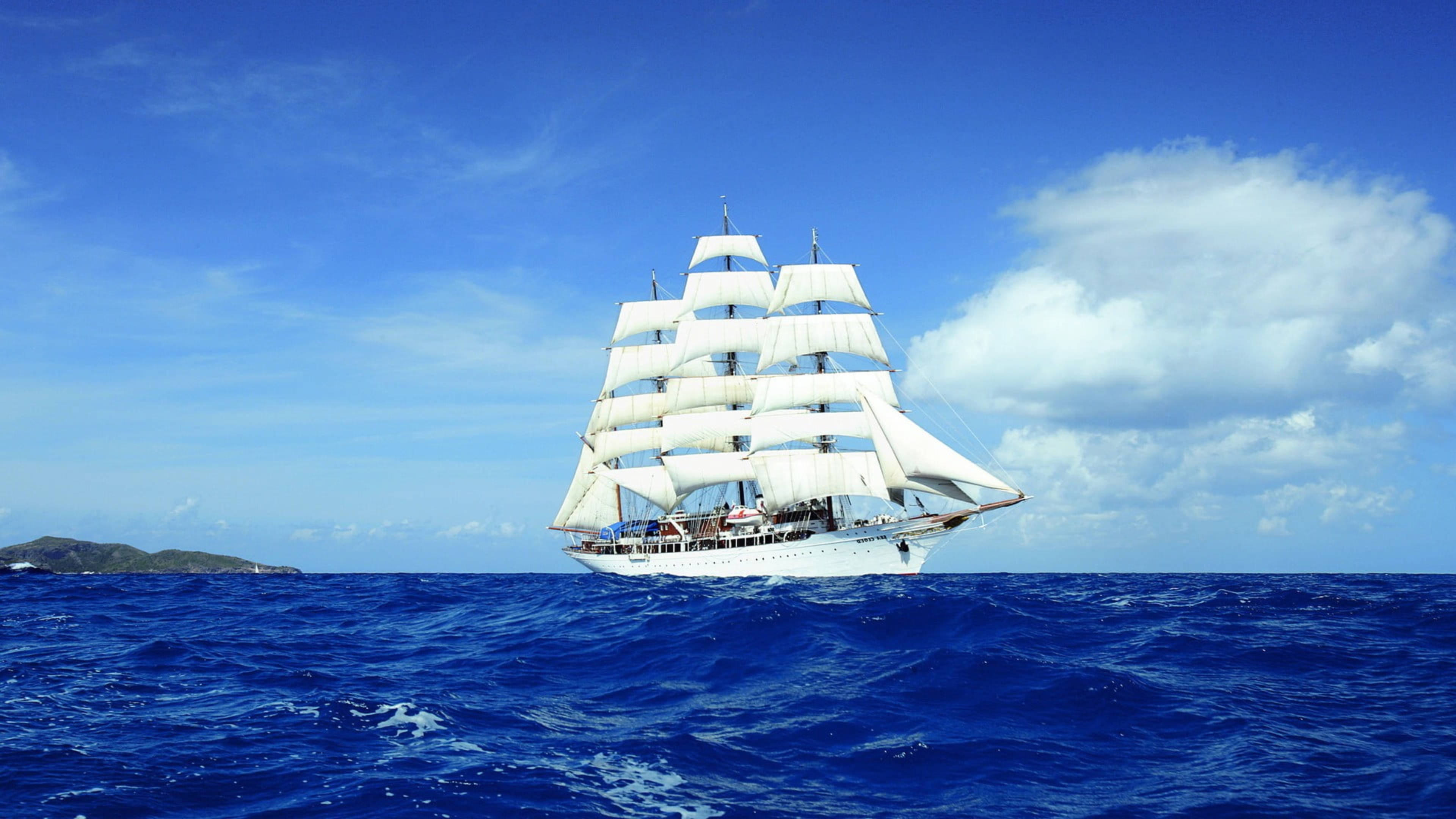 white cruise sailing ship, tall ship, white sails, 4K Desktop Wallpaper