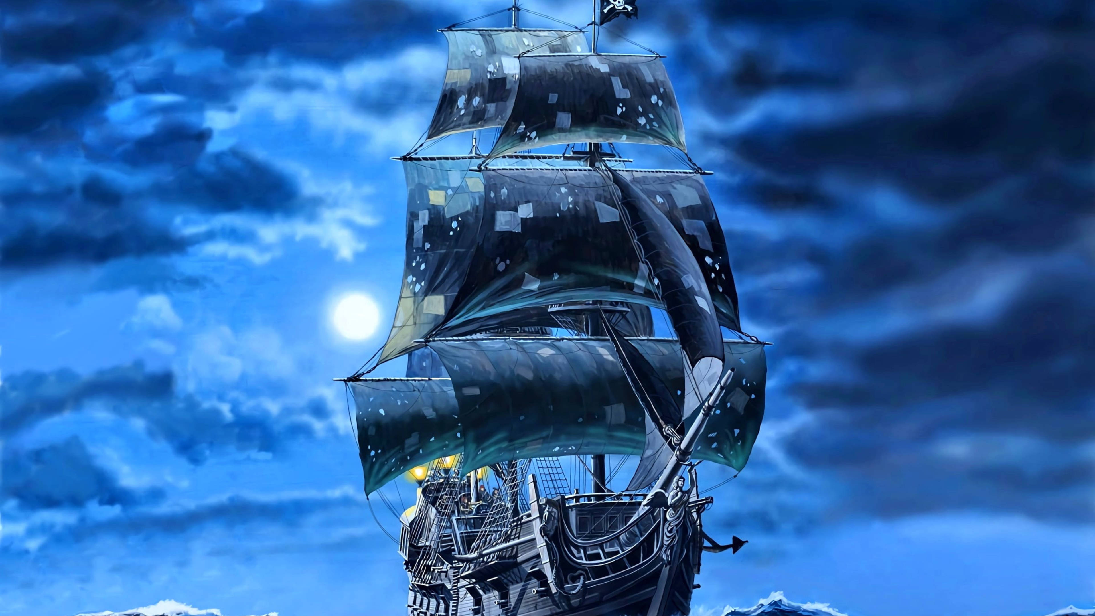 sailing ship, blue night, moonlit sky, 4K Desktop Wallpaper