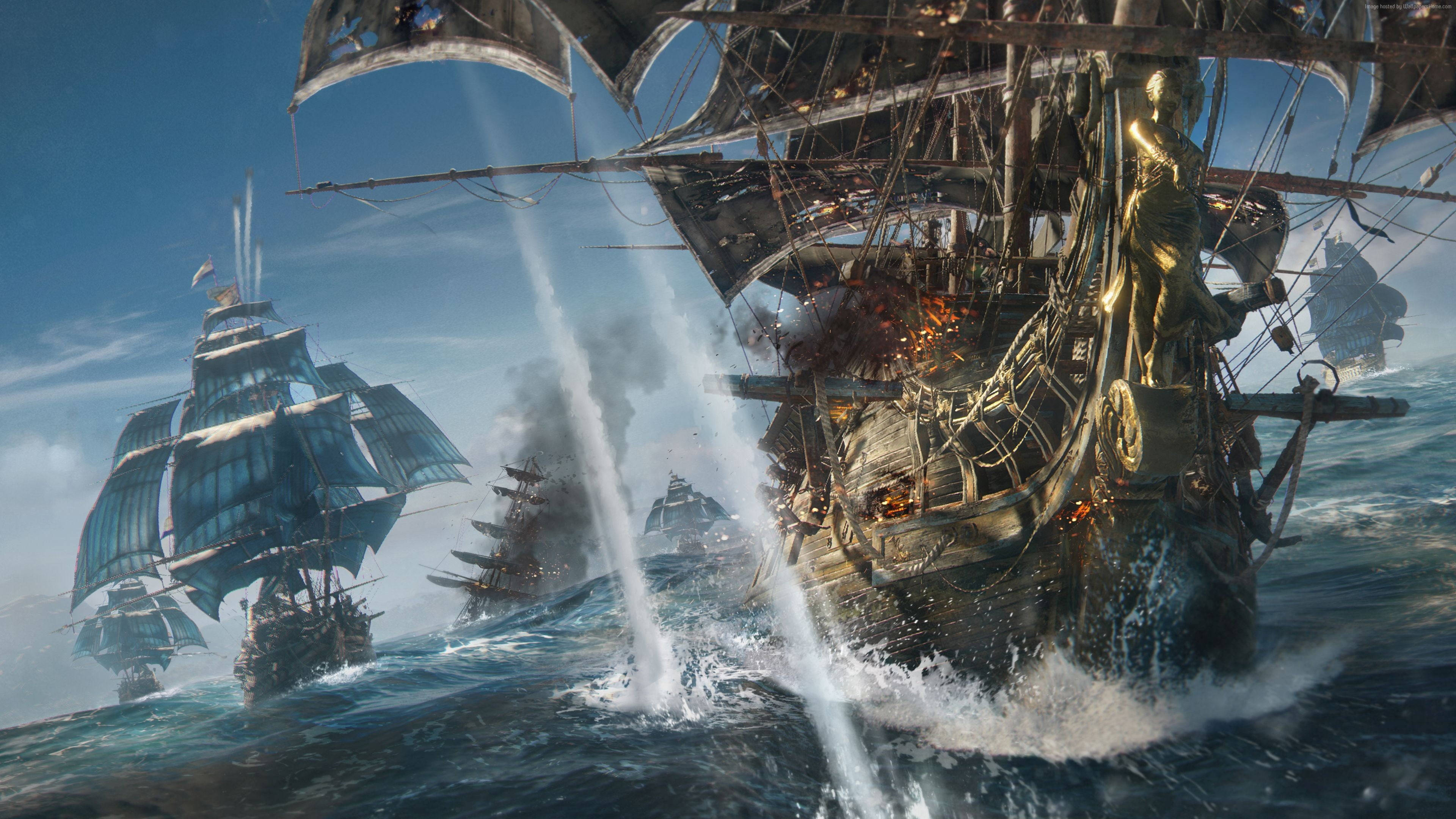 sailing ship, skull bones, galleons, 4K Desktop Wallpaper