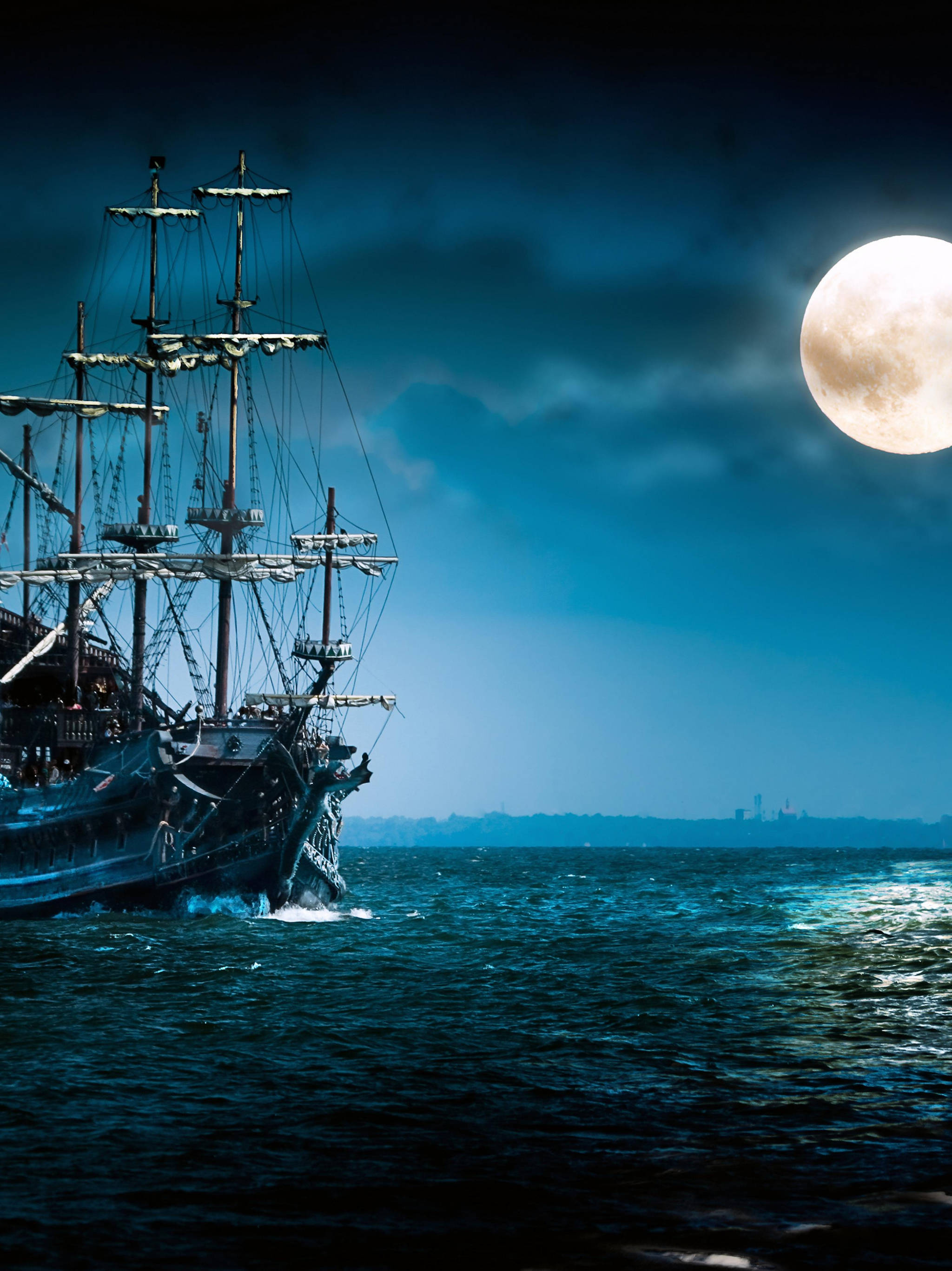 sailing ship, full moon, dark blue ocean, 2K Phone Wallpaper