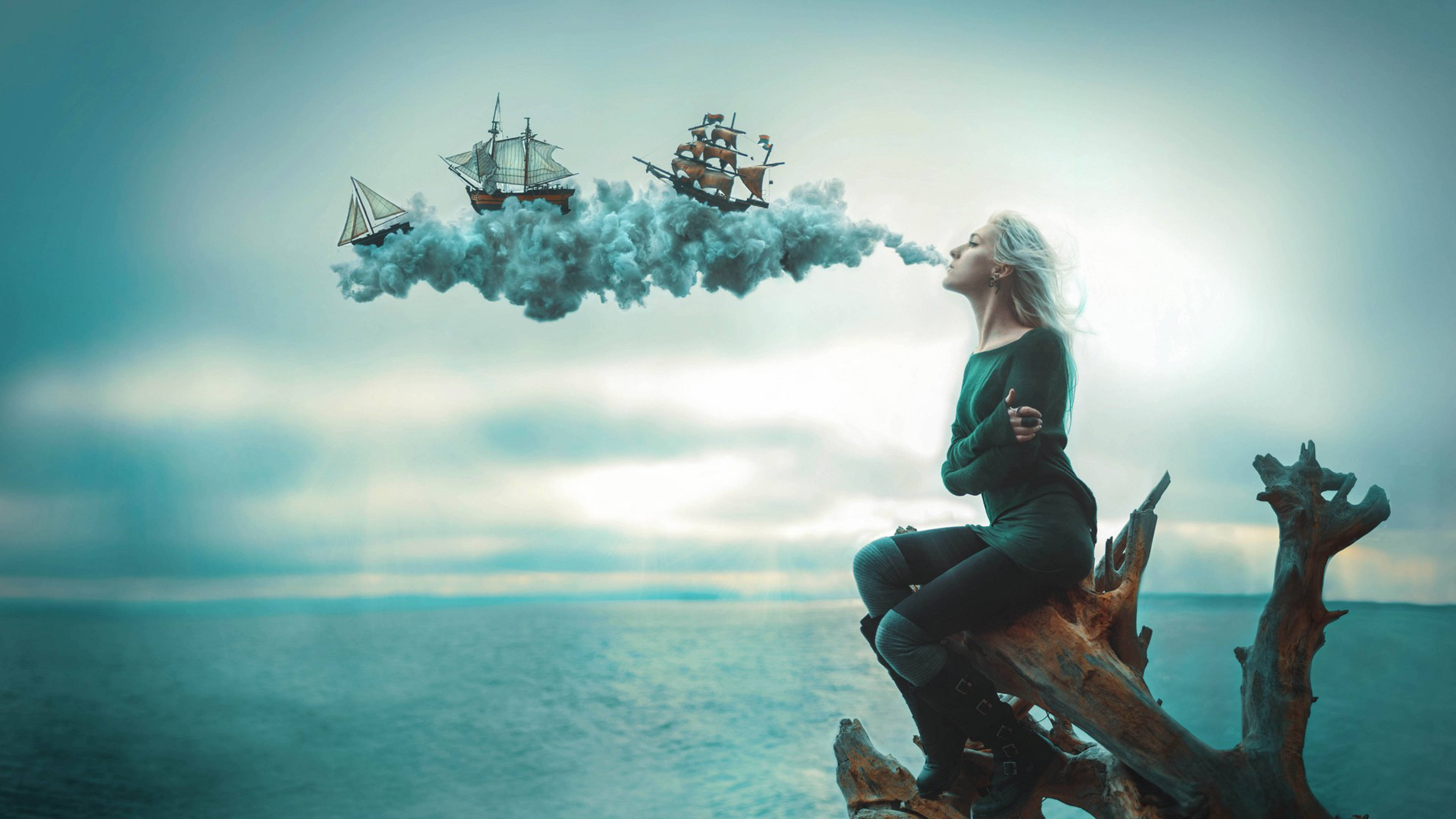 woman, white hair, driftwood, 4K Desktop Wallpaper