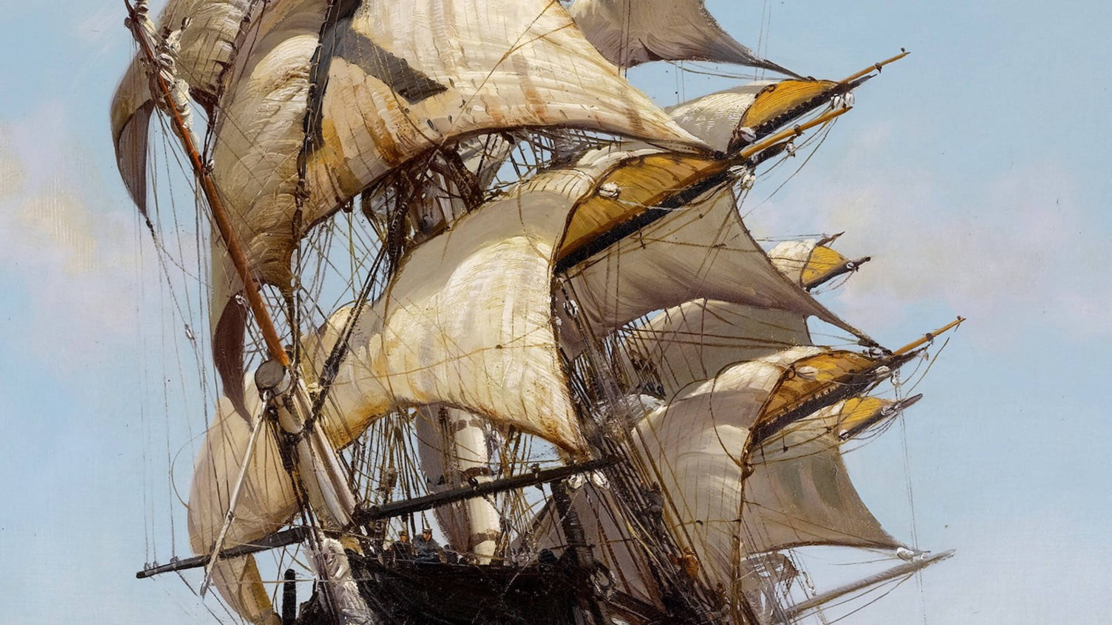 19th century sailing ship, multi-masted sailing ship, white and yellow sails, 4K Desktop Wallpaper