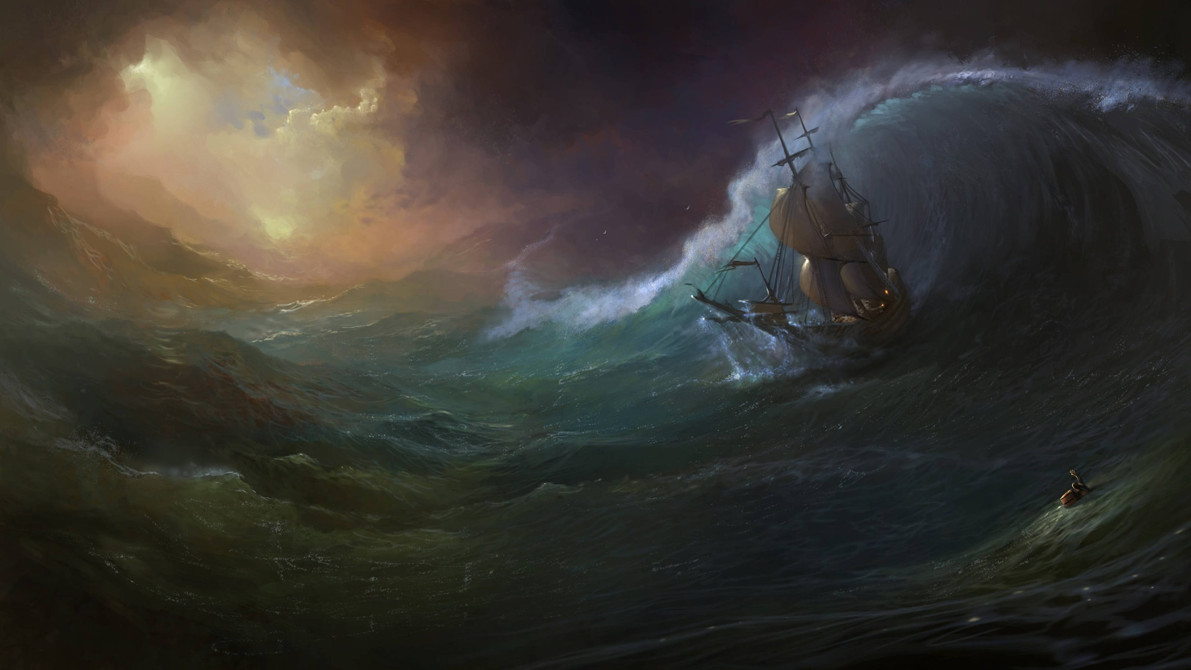 sailing ship, tsunami, colossal storm wave, 4K Desktop Wallpaper