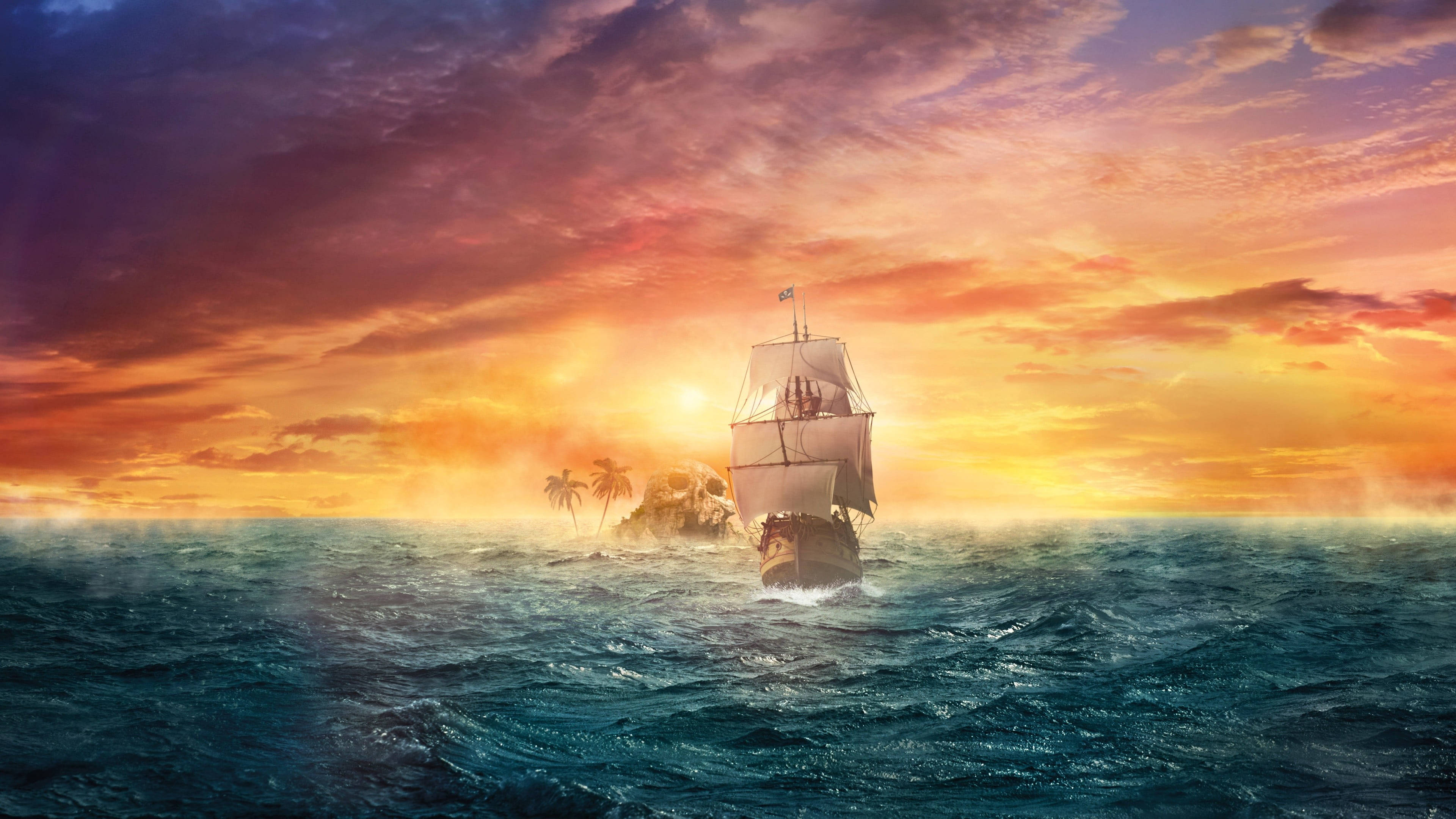 sailing ship, golden hour, tropical island, 4K Desktop Wallpaper