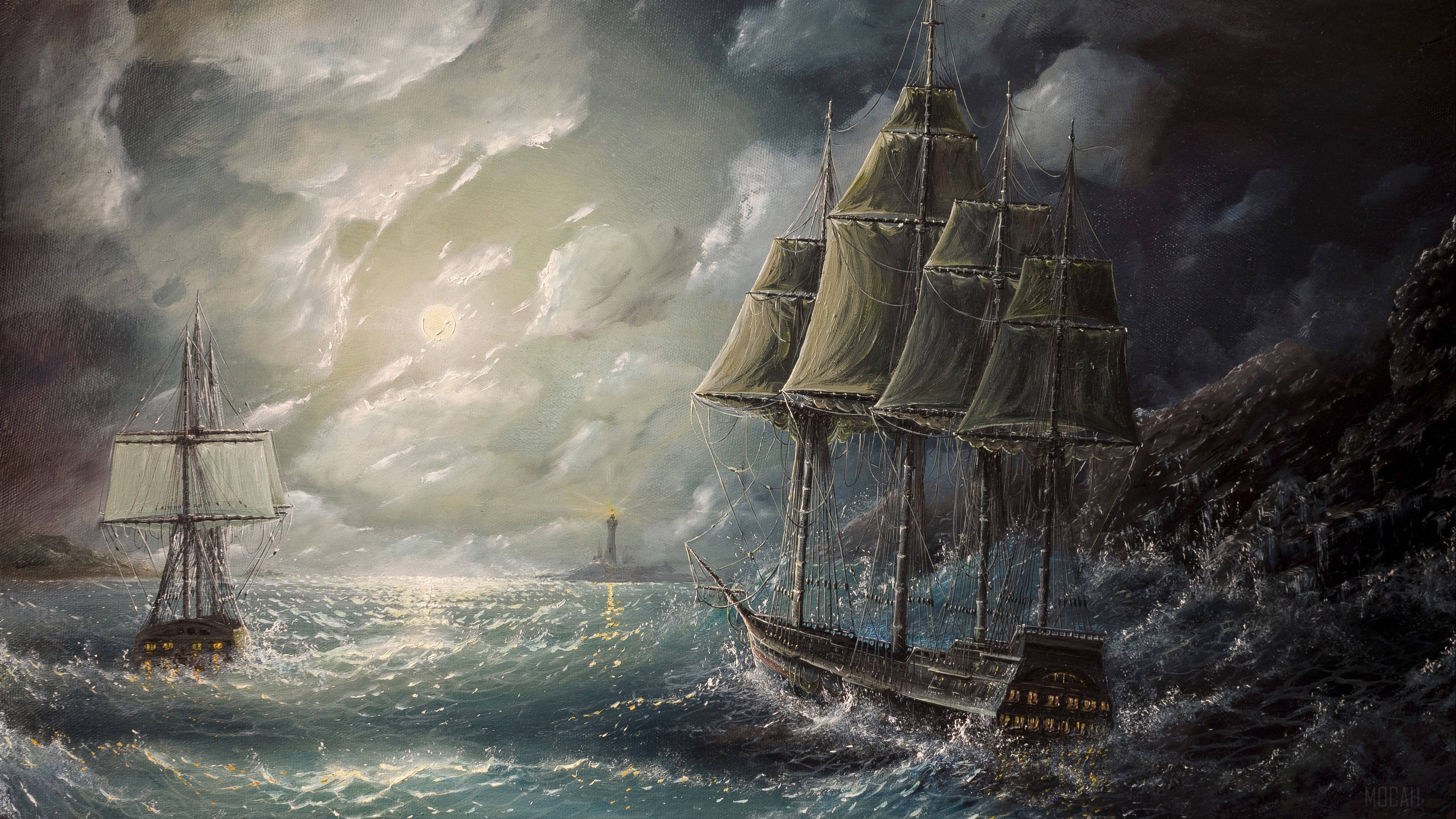sailing ships, turbulent seas, moonlit stormy sky, 4K Desktop Wallpaper