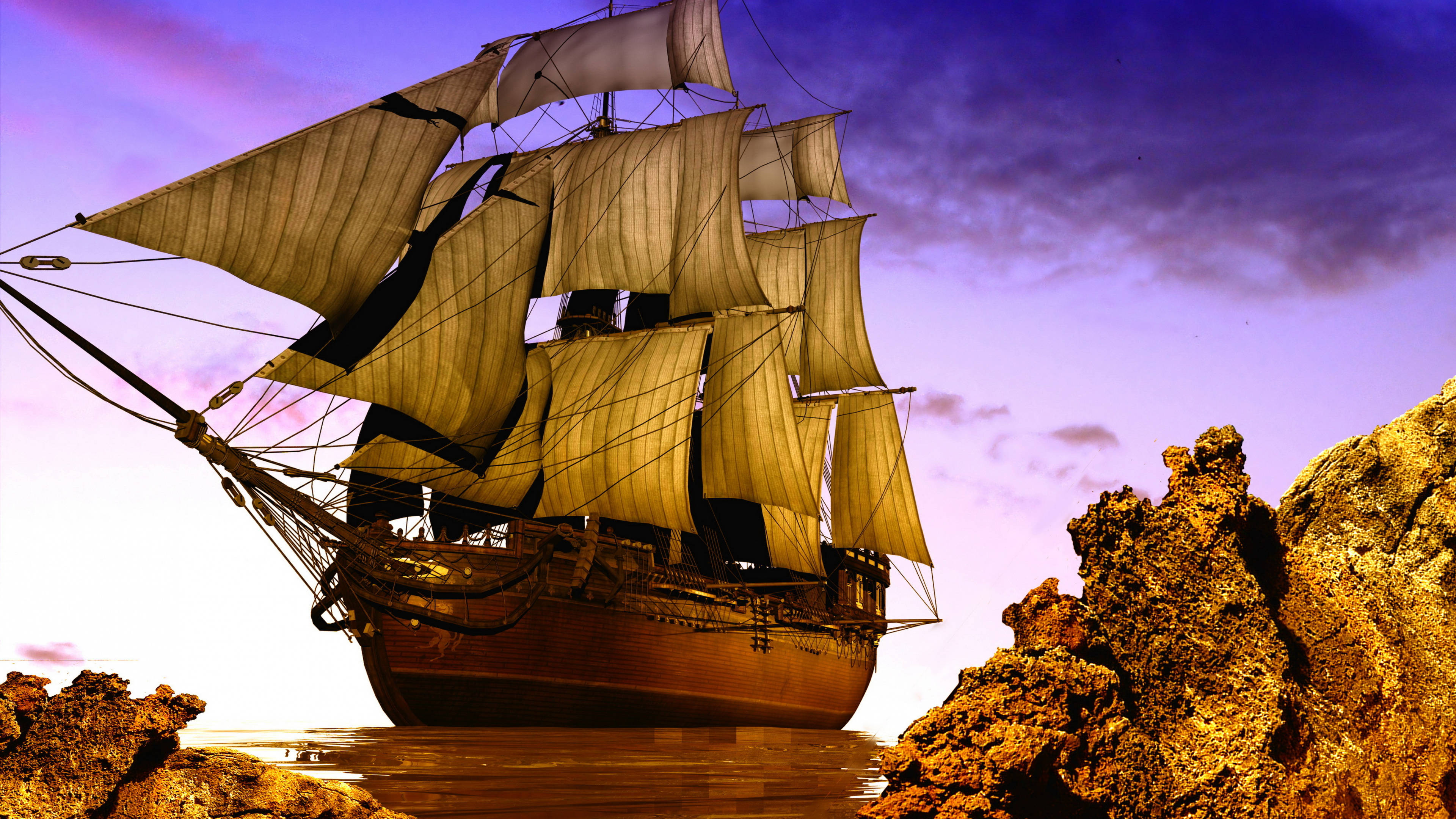 sailing ship, jagged golden rocks, twilight sky, 4K Desktop Wallpaper