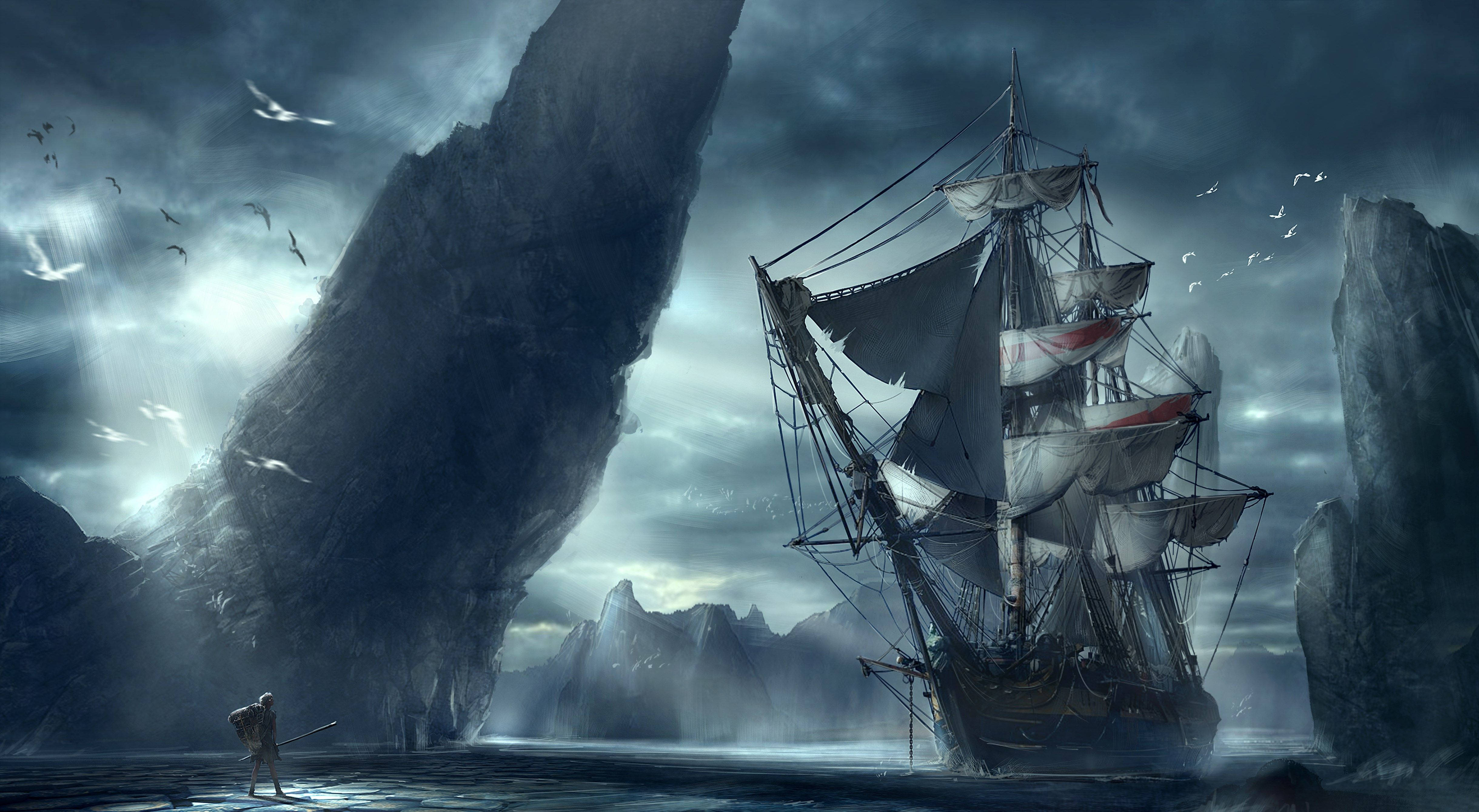 sailing ship, ocean, stormy sky, 4K Desktop Wallpaper
