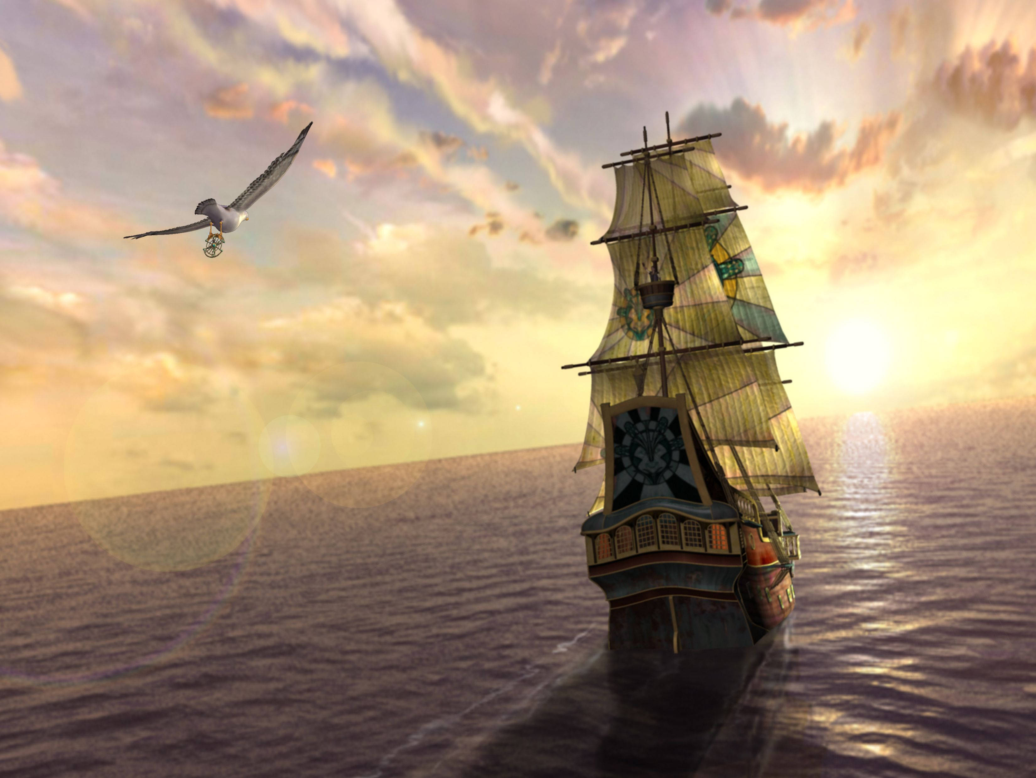 sailing ship, seagull, calm ocean waters, 2K Desktop Wallpaper
