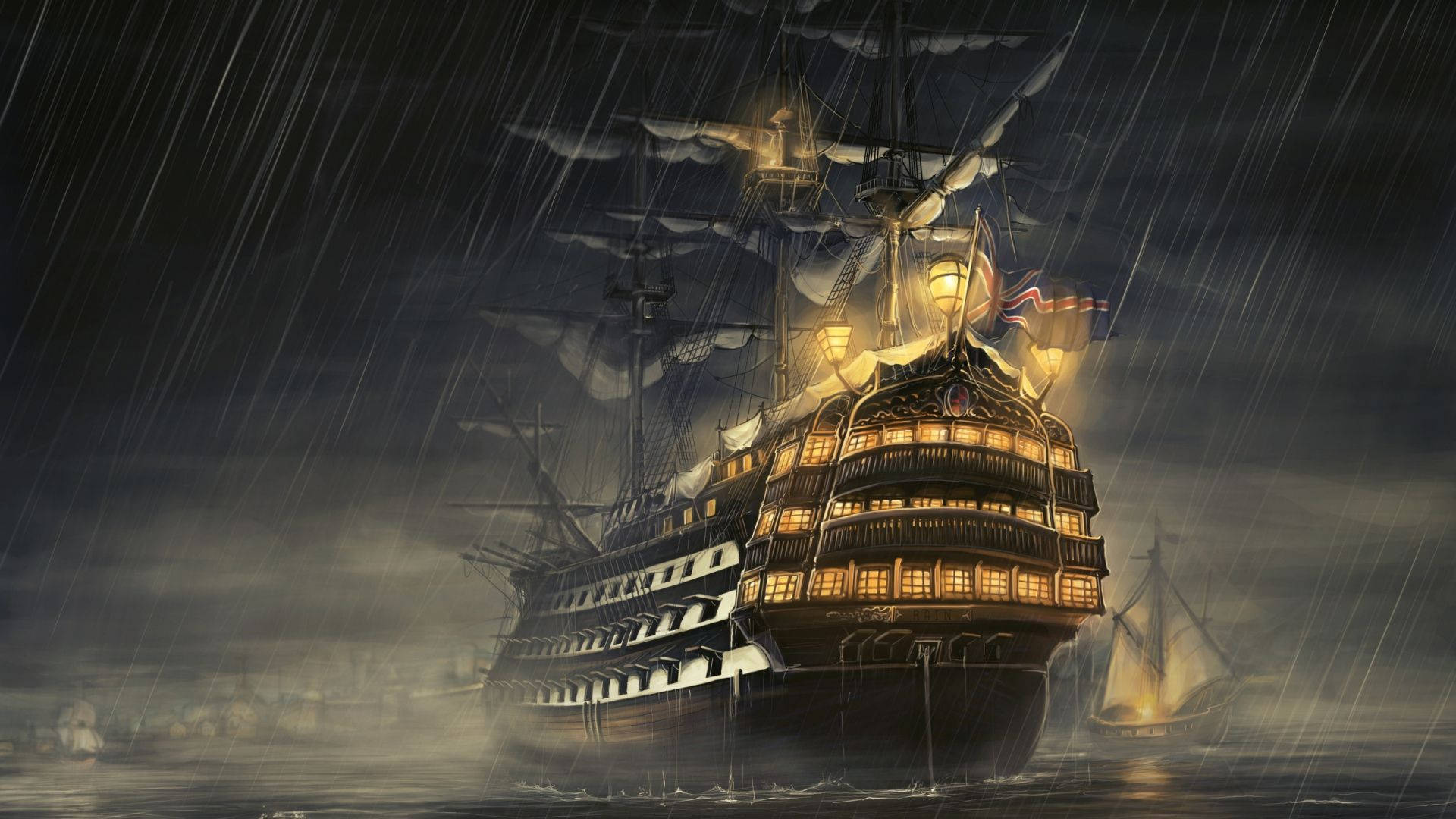 vintage ship, stormy night sea, warm lights, Full HD Desktop Wallpaper
