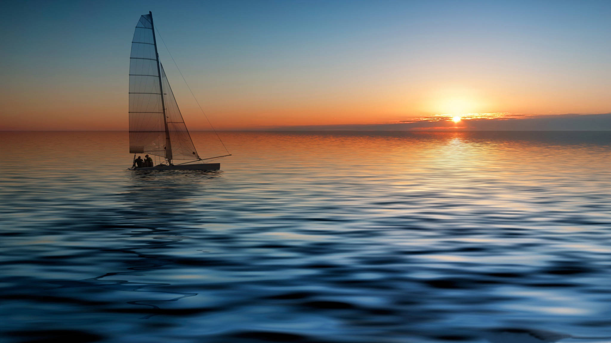 sailboat, calm waters, sun sets, Full HD Desktop Wallpaper