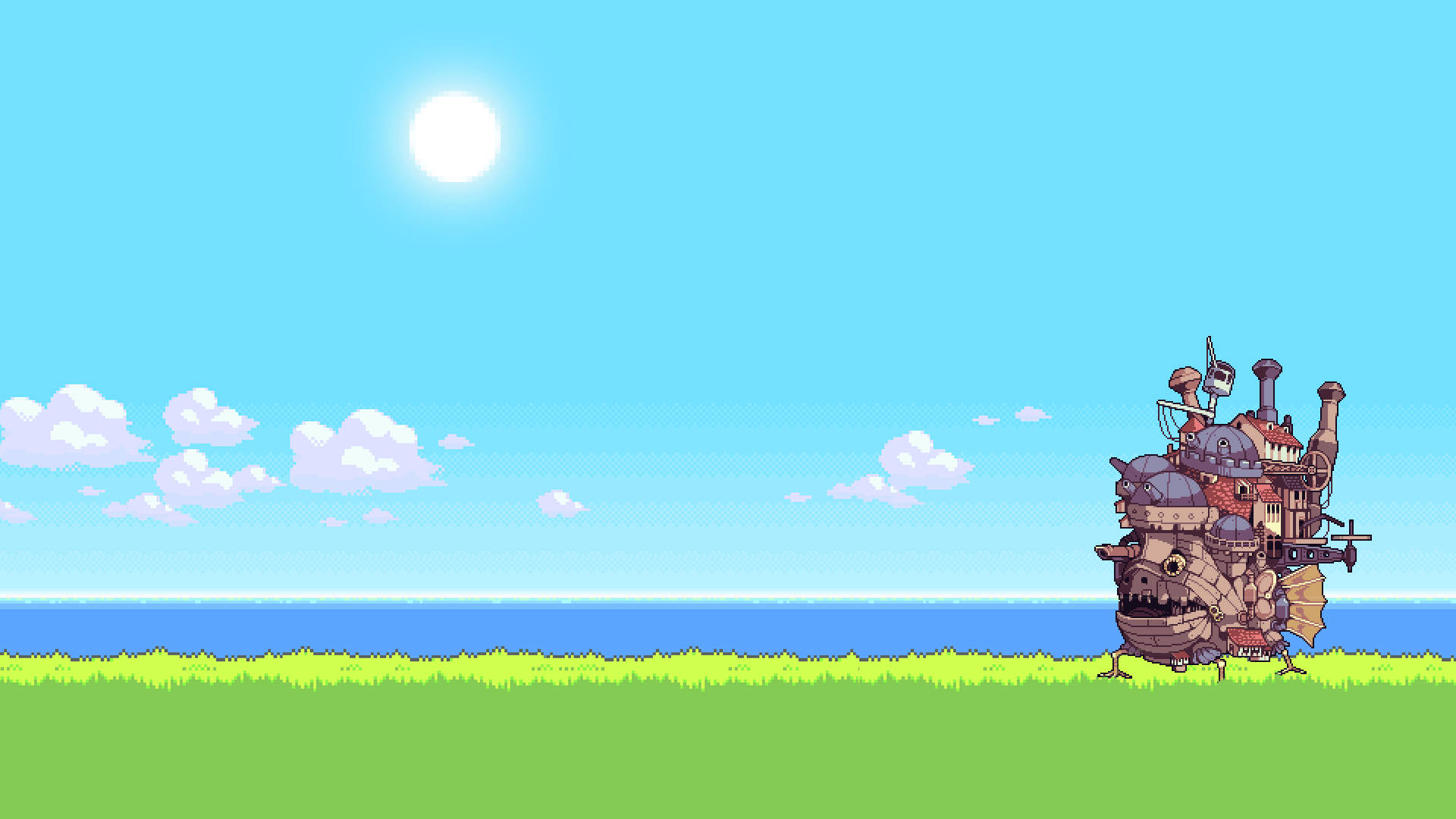 Ship In Shore 8 BIt, pixel-art airship, grassy field, Full HD Desktop Wallpaper