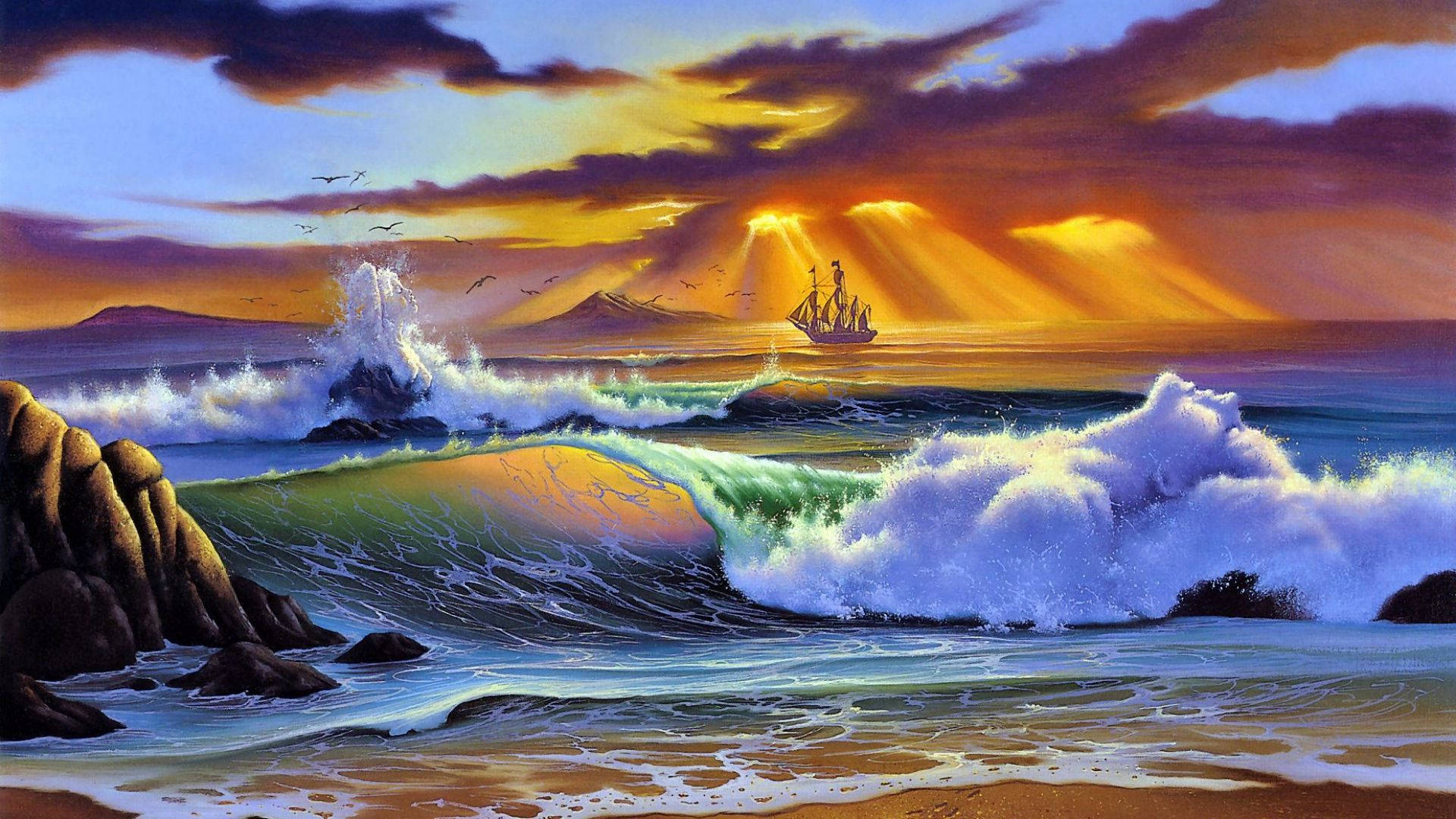 sailing ship, beach, sunset, Full HD Desktop Wallpaper