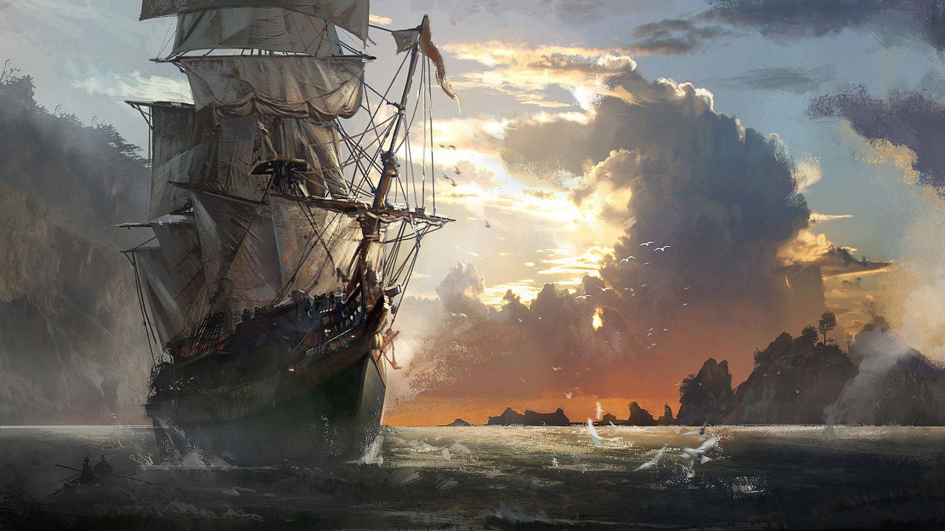 pastel art pirate ship, sailing ship, sunset, Full HD Desktop Wallpaper