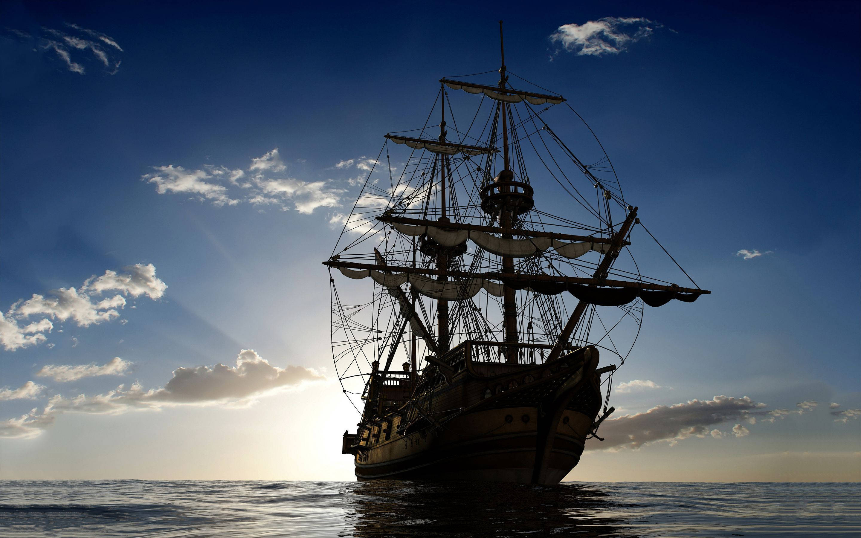 pirate ship, calm ocean waters, sunset, 2K Desktop Wallpaper