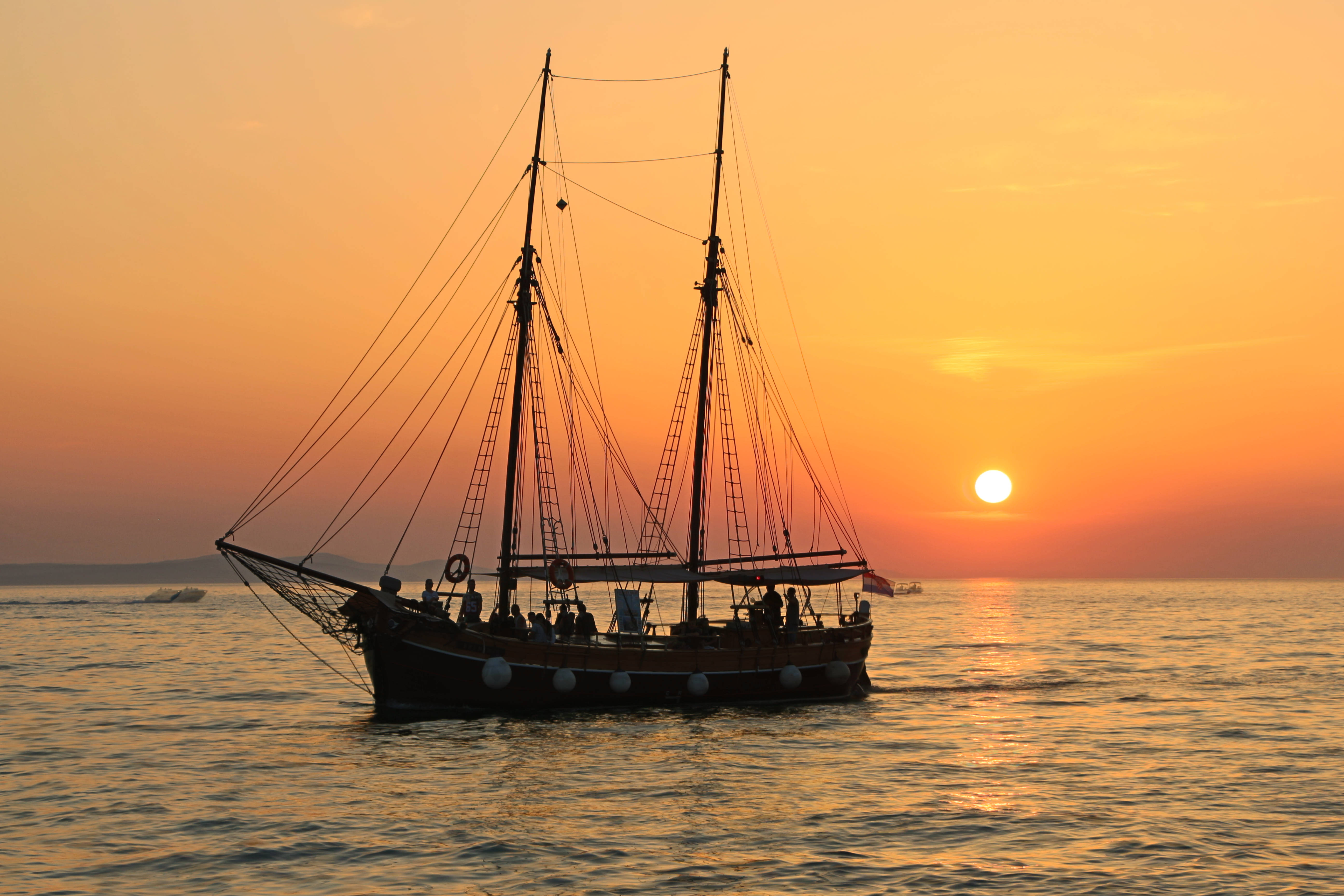 tall ship, golden waters, sunset, 5K Desktop Wallpaper