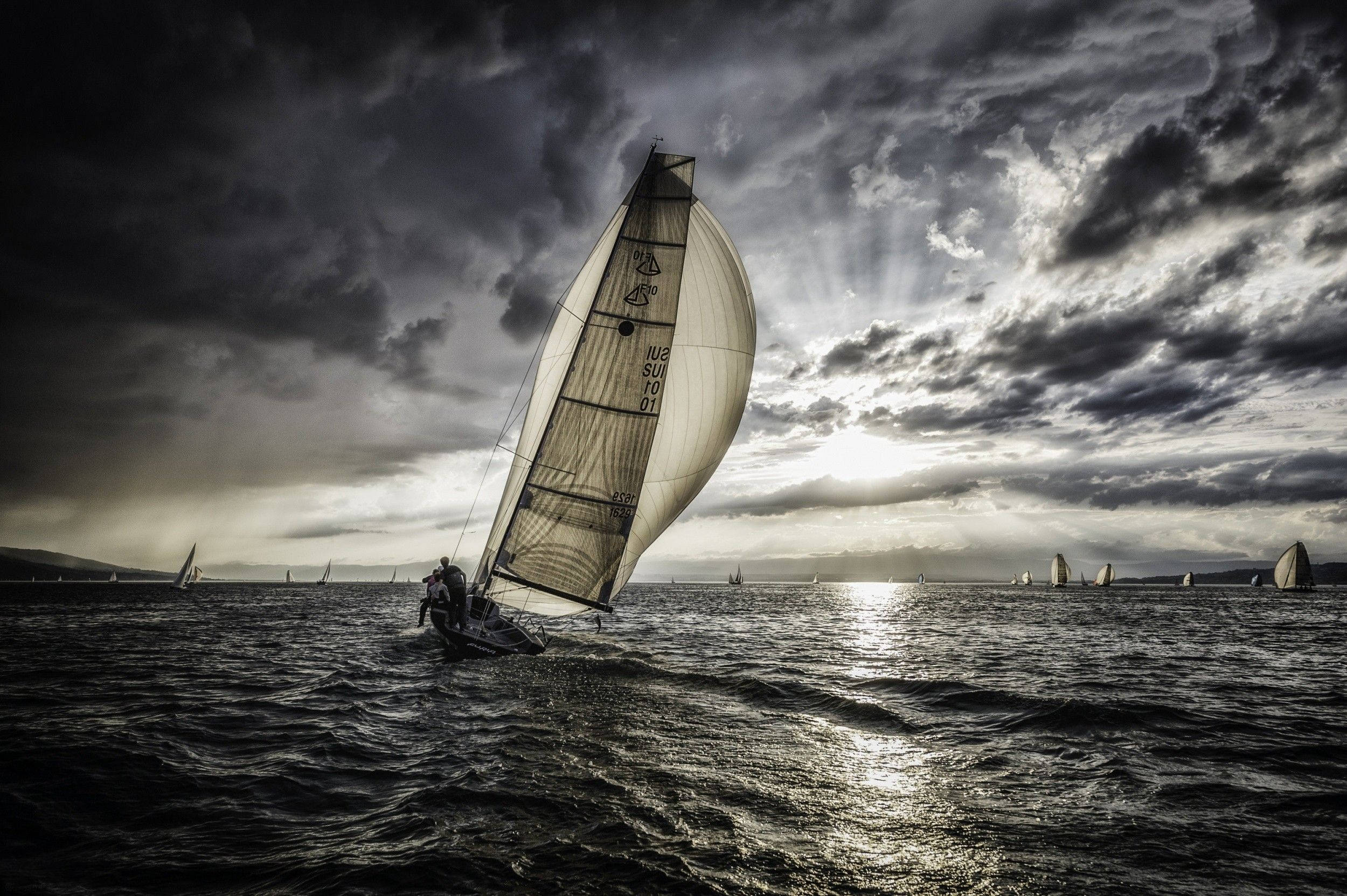 sailing sailboat, crew, choppy waters, Full HD Desktop Wallpaper