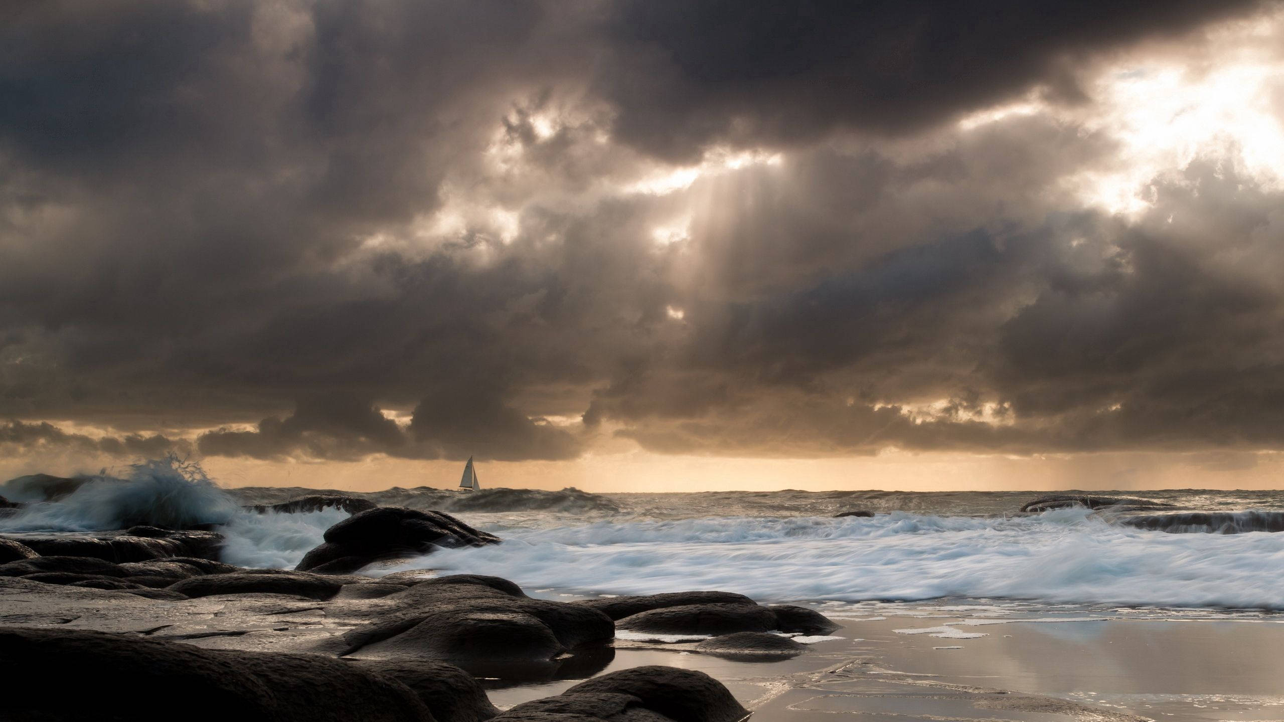 Sailing Against Strong Waves, storm clouds, golden sunbeams, 2K Desktop Wallpaper