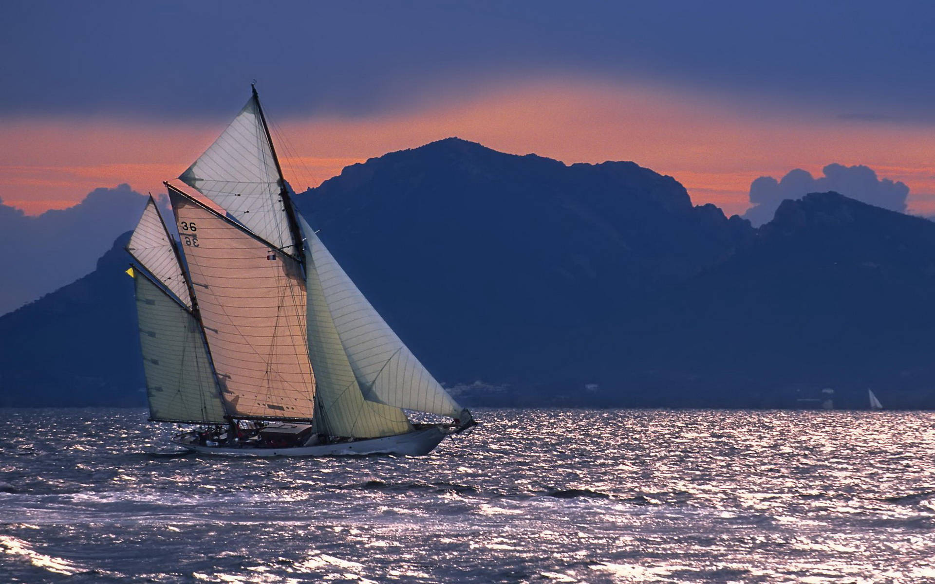 sailing schooner, mountain, sparkling water, Full HD Desktop Wallpaper