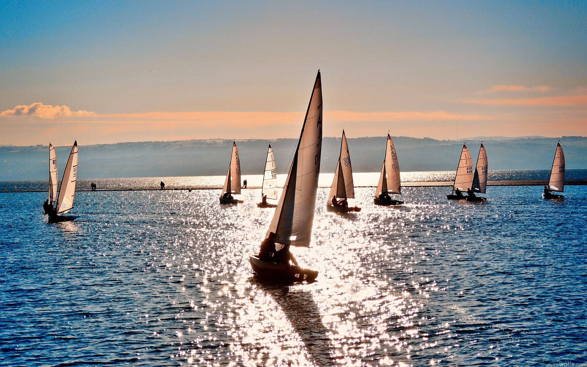 sailing vessels, racing competition, sparkling blue sea, Full HD Desktop Wallpaper