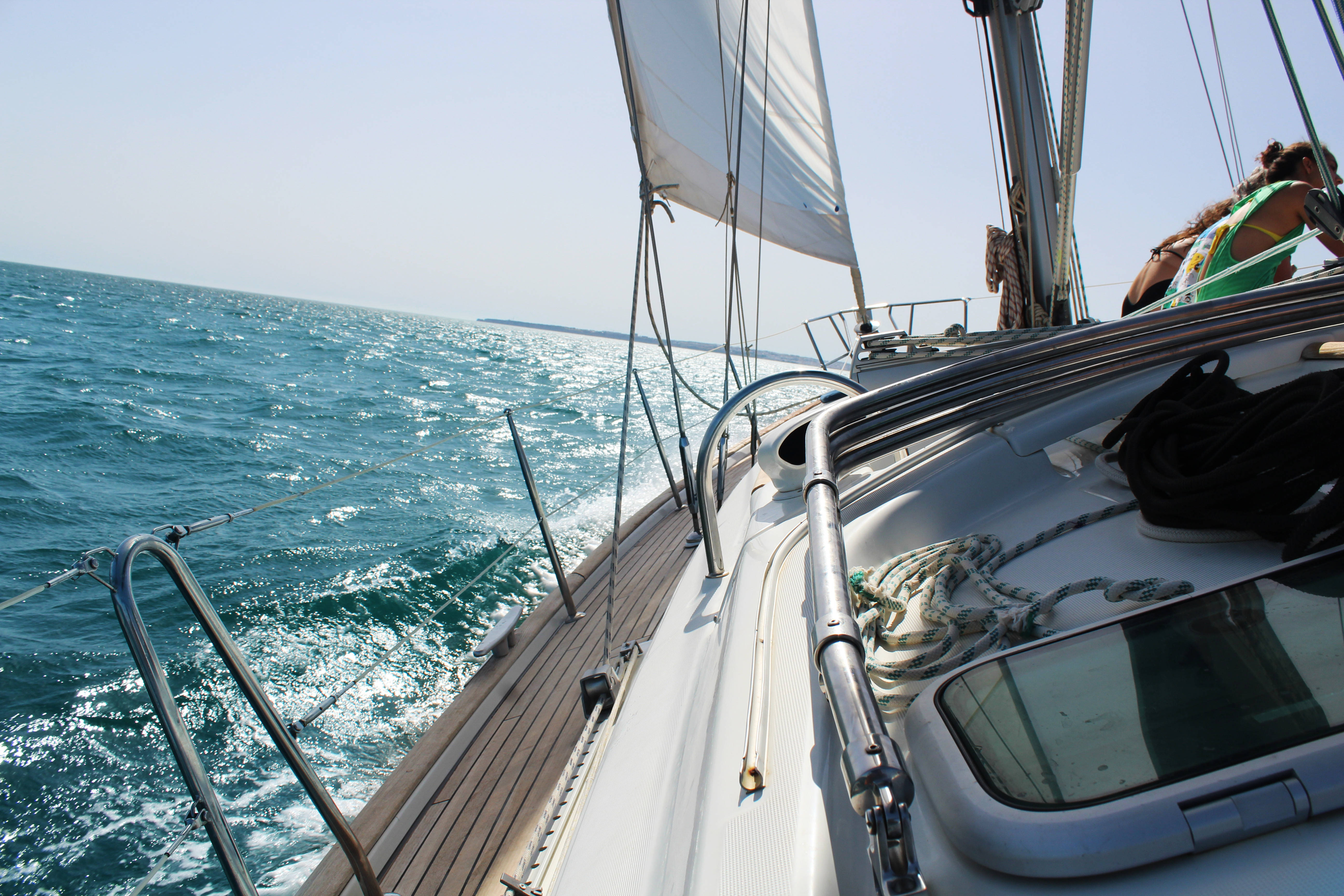 sailboat, turquoise waters, clear sky, 5K Desktop Wallpaper