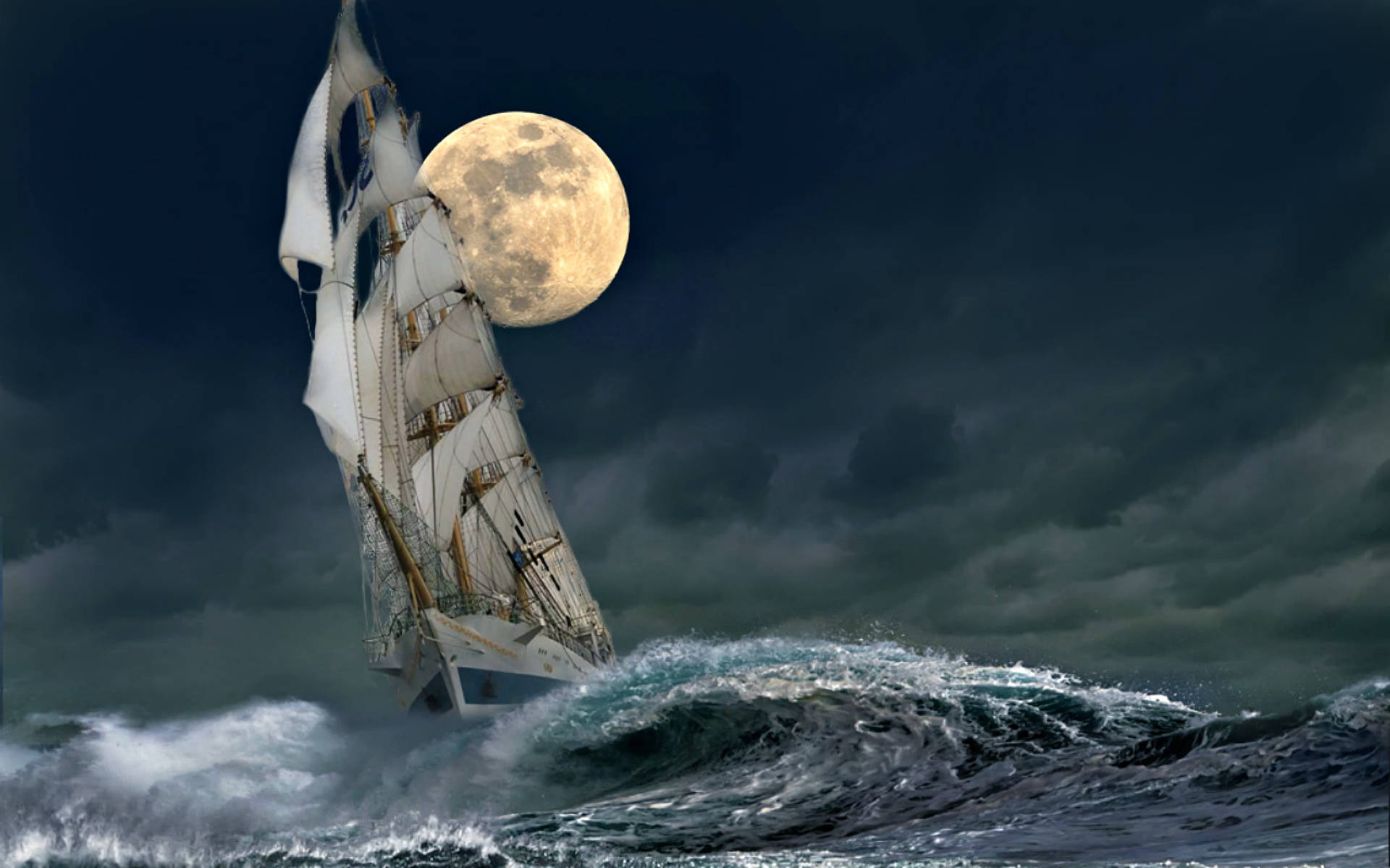 sailing boat, full moon, stormy seas, Full HD Desktop Wallpaper