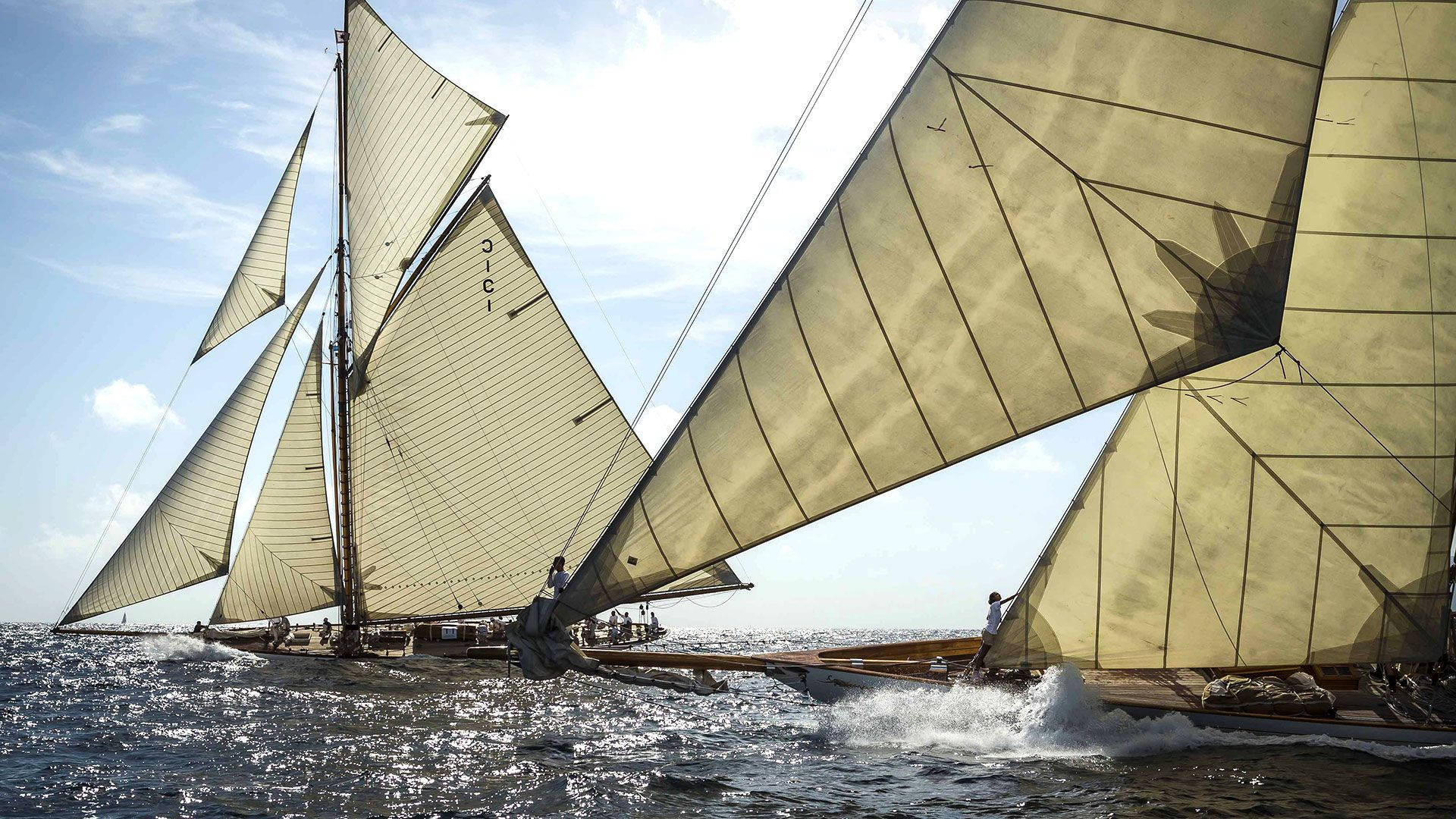sailing schooners, beige sails, sunlit ocean waves, Full HD Desktop Wallpaper