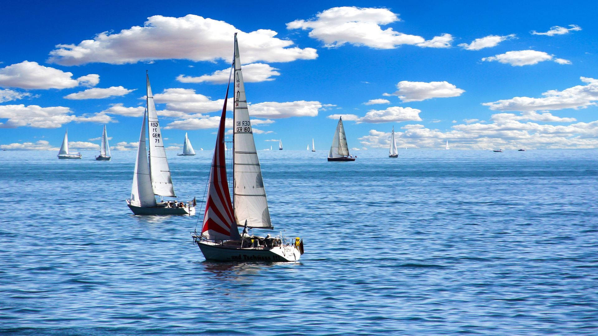 sailing competitive boats, blue ocean, bright sky, Full HD Desktop Wallpaper