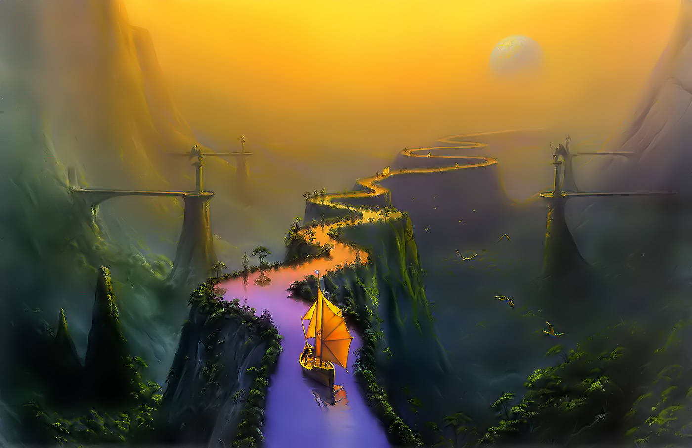 Sailing On Fantasy Canal, glowing purple river, misty, towering cliffs, HD Desktop Wallpaper