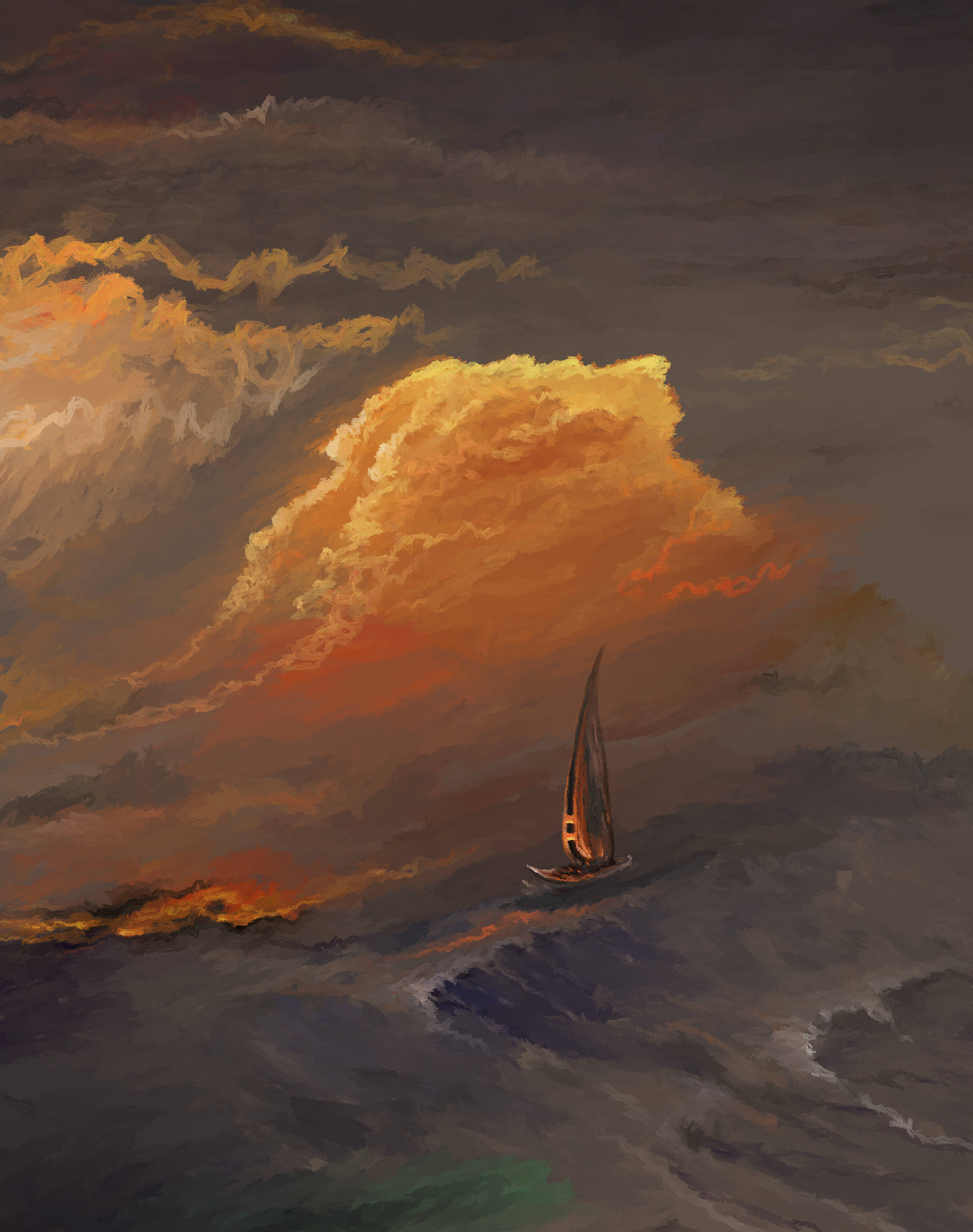 sailboat, turbulent seas, dramatic sunset sky, 2K Phone Wallpaper