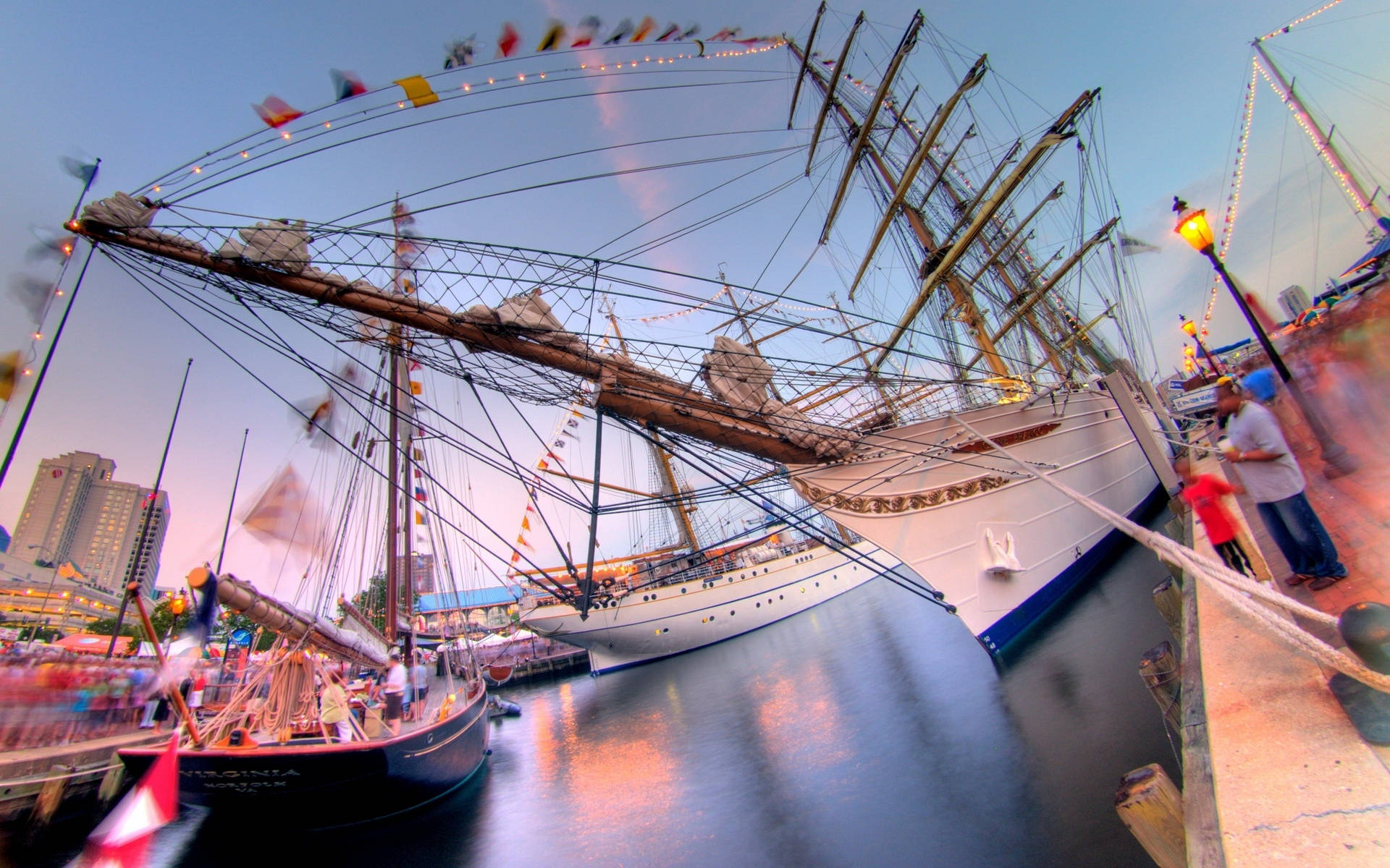 tall ships, twilight, glowing lights, Full HD Desktop Wallpaper