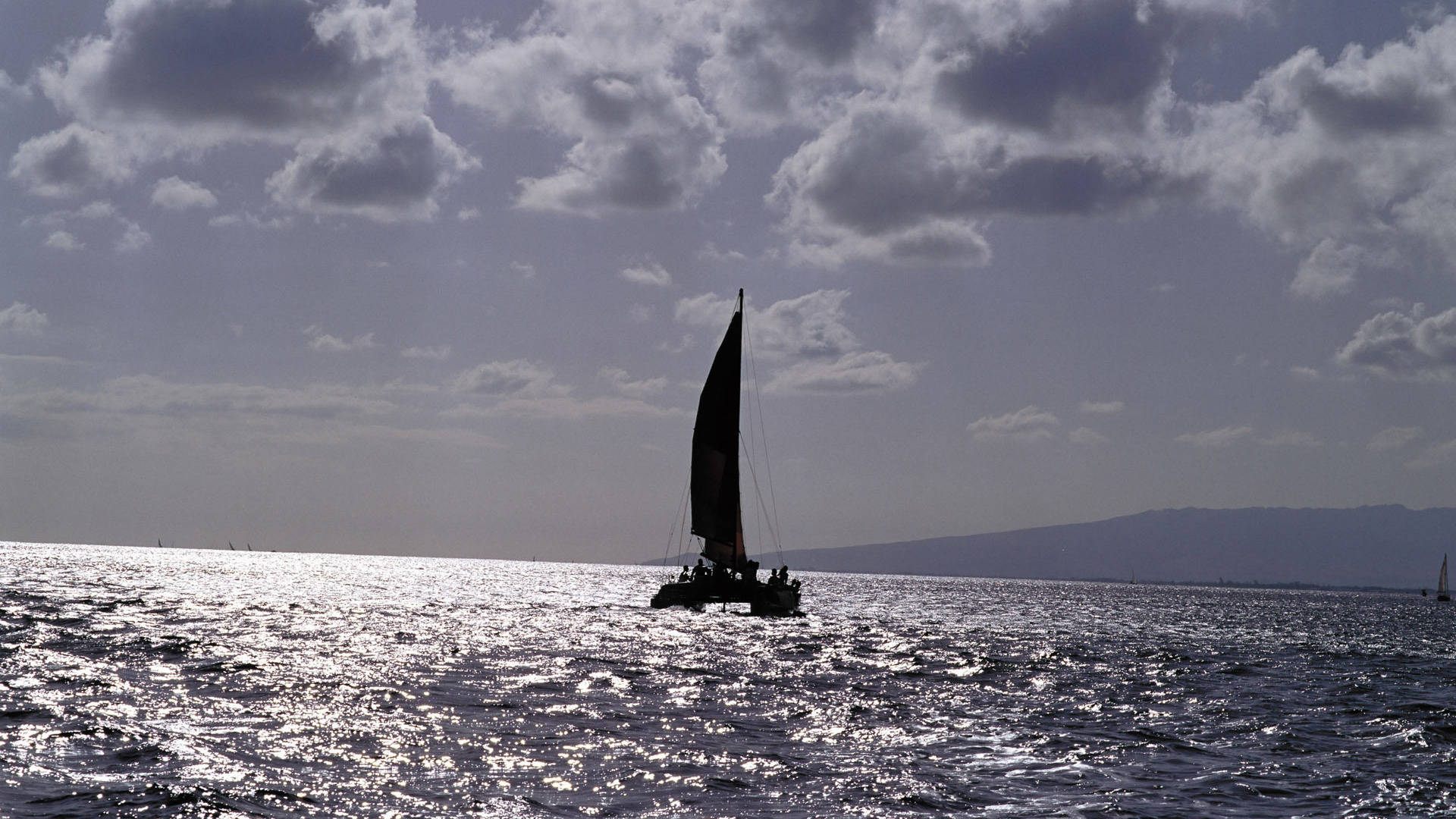 sailing catamaran, sunlit waters, cloudy sky, Full HD Desktop Wallpaper