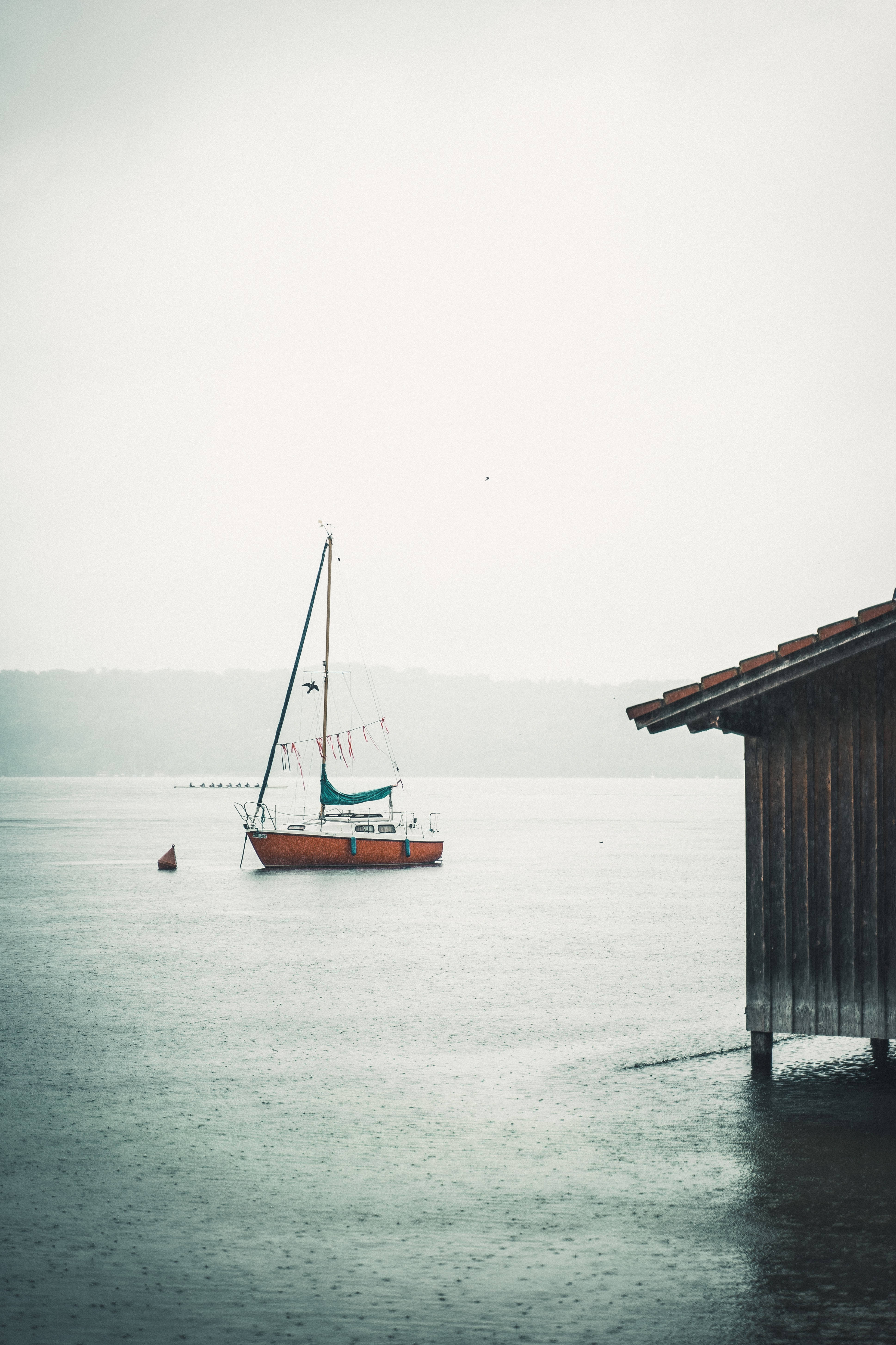 sailing with broken sail, orange sailboat, misty lake, 5K Phone Wallpaper
