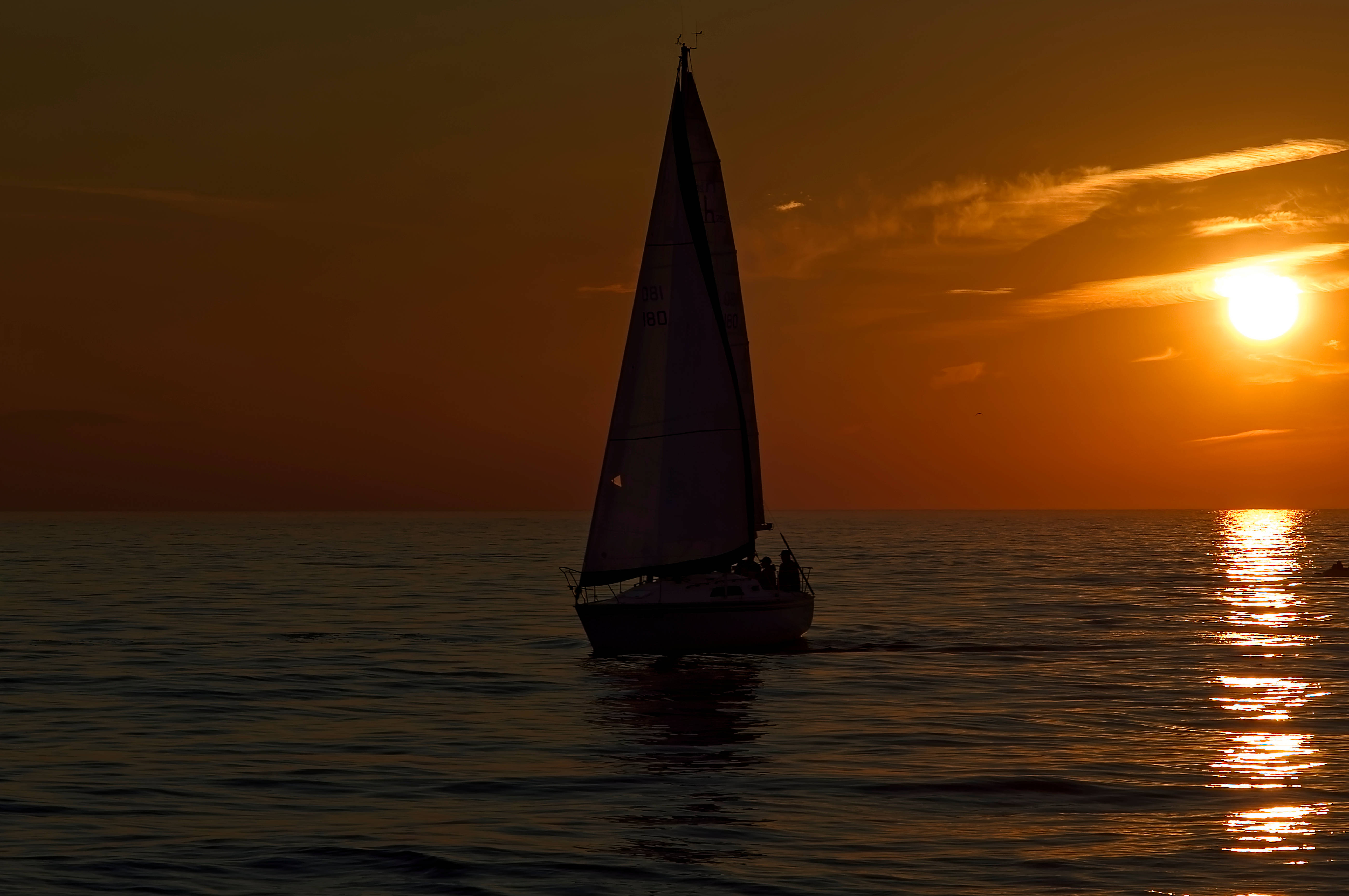 sailboat, calm waters, sunset, 5K Desktop Wallpaper