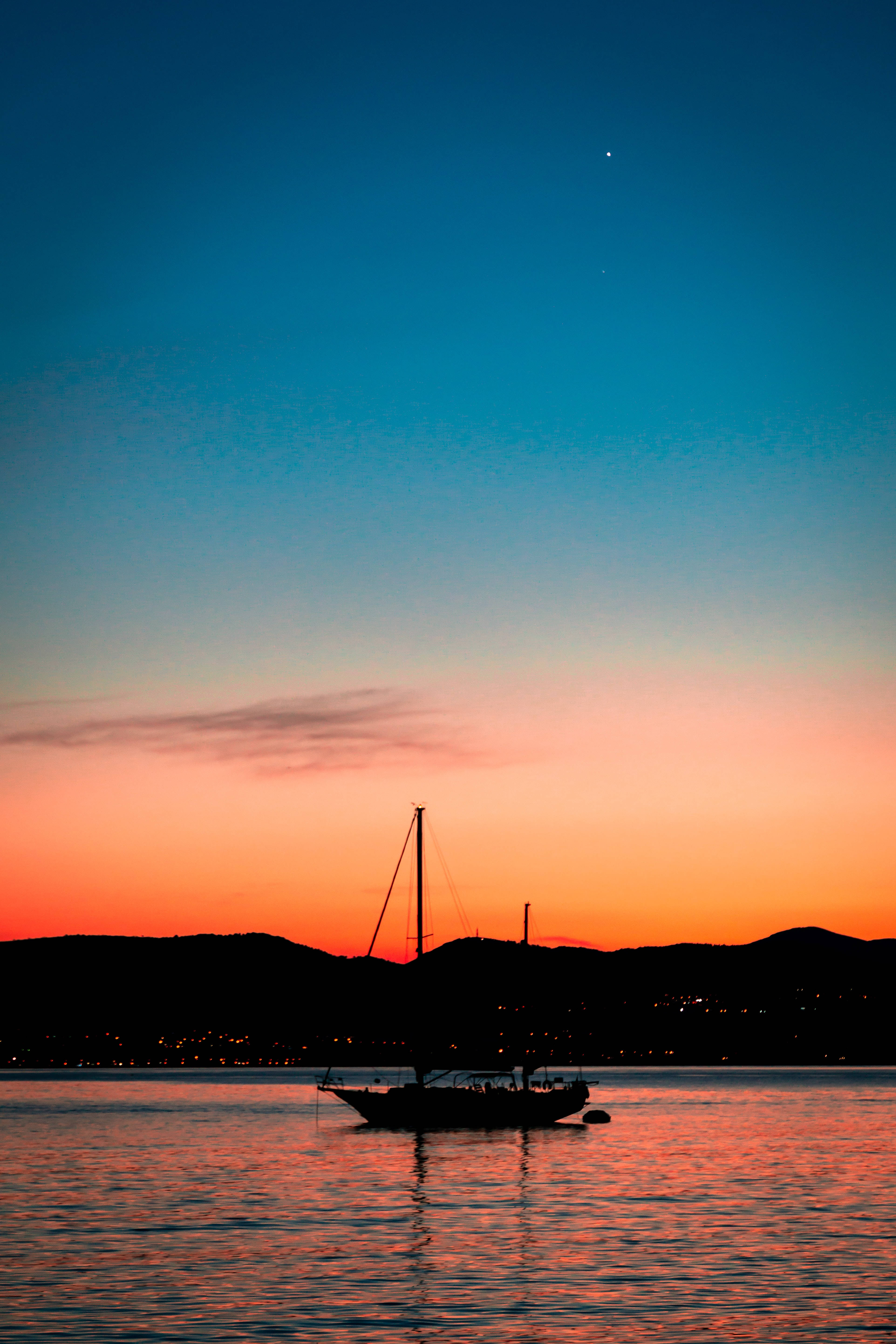 sailboat silhouette, calm waters, sunset, 5K Phone Wallpaper